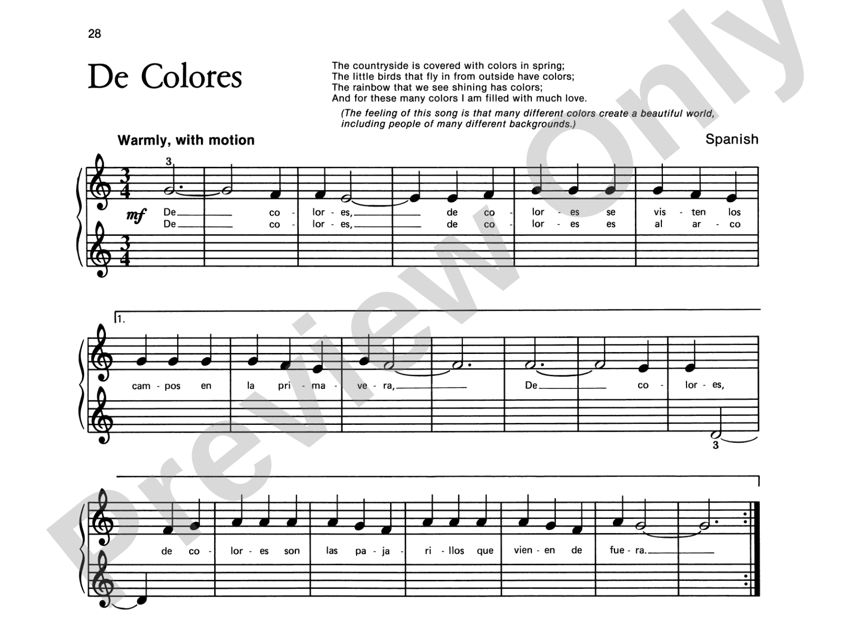 De Colores - Piano Solo with Lyrics (with Optional Duet Accompaniments): Piano Solo with Lyrics