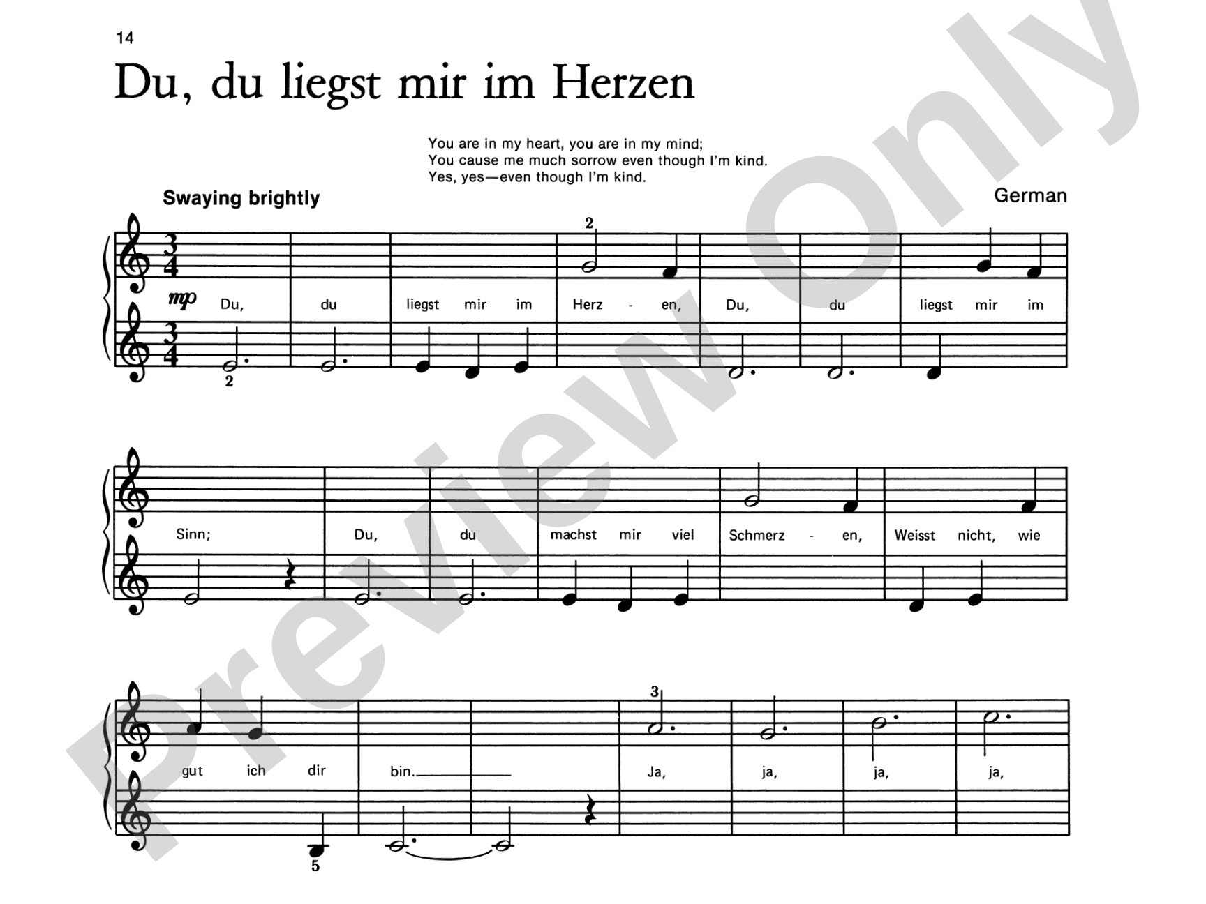 Du, Du Liegst Mir Im Herzen - Piano Solo with Lyrics (with Optional Duet Accompaniments): Piano Solo with Lyrics