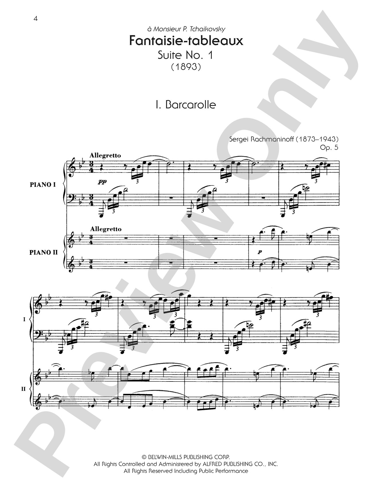 Fantaisie-tableaux (Suite No. 1), Opus 5 - I. Barcarolle - Piano Duo (2 Pianos, 4 Hands): Piano Duo (2 Pianos, 4 Hands)