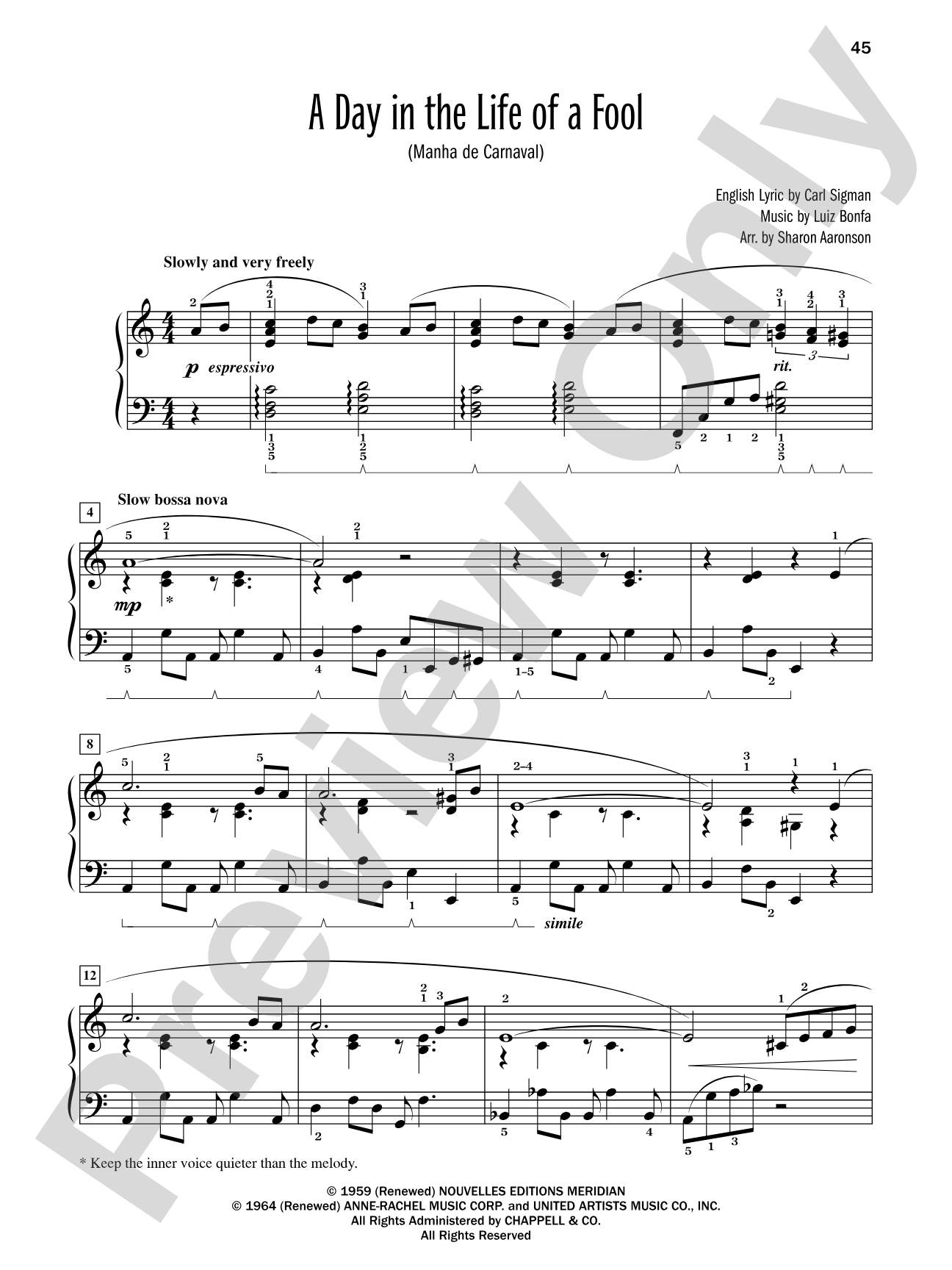 A Day in the Life of a Fool (Manha de Carnaval) - Piano Solo: Piano Solo