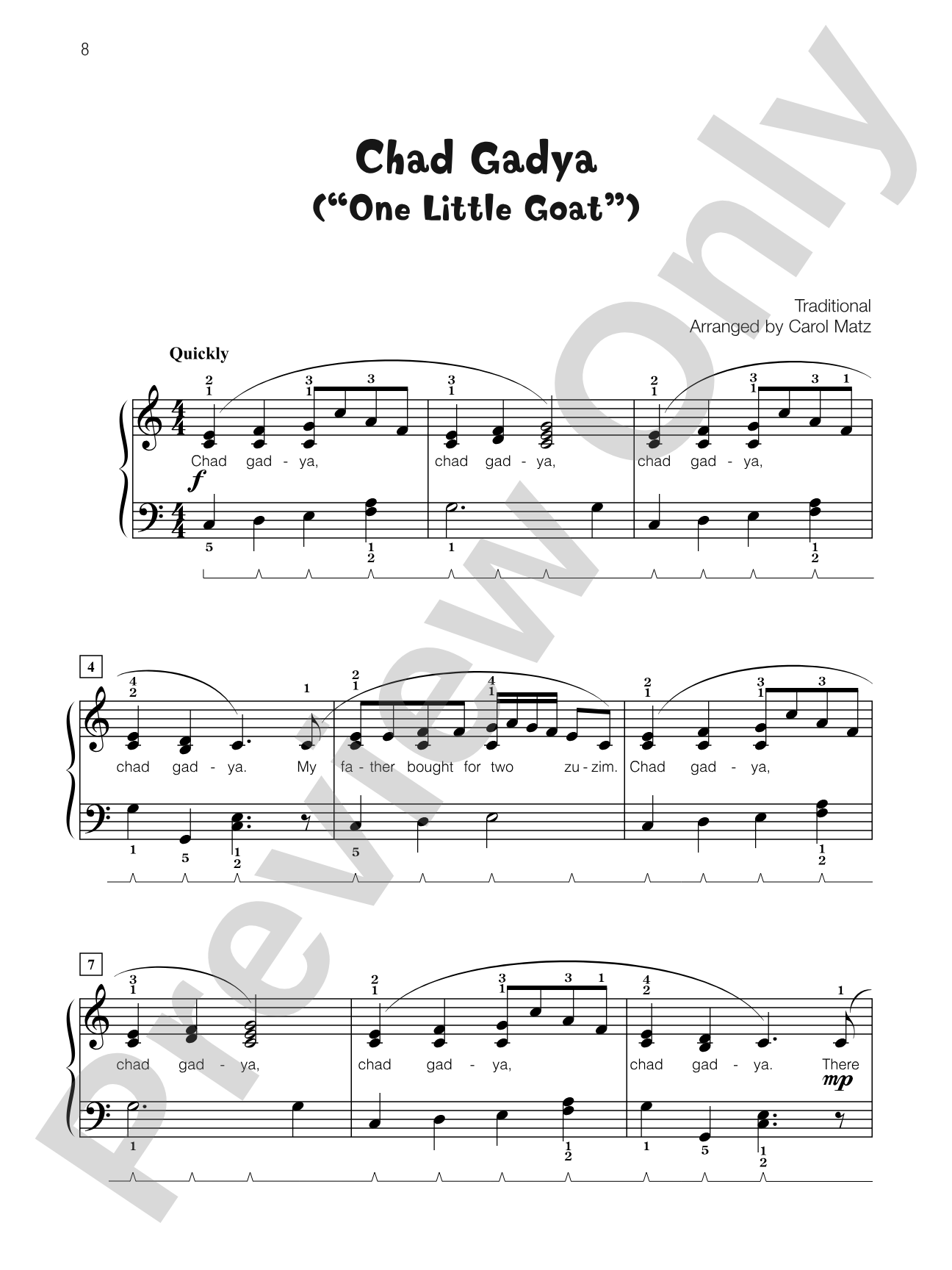 Chad Gadya ("One Little Goat") - Piano Solo with Lyrics: Piano Solo with Lyrics
