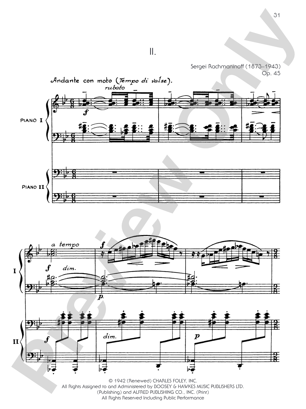 Symphonic Dances, Opus 45 - II. Andante con moto - Piano Duo (2 Pianos, 4 Hands): Piano Duo (2 Pianos, 4 Hands)