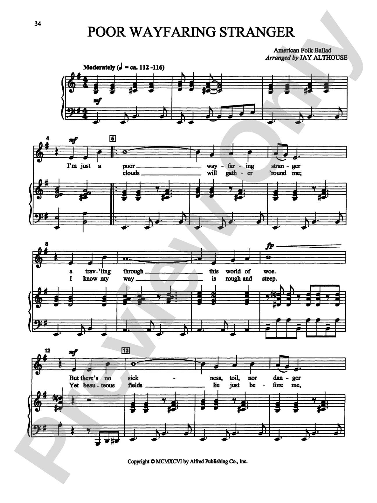 Poor Wayfaring Stranger - Piano/Vocal Solo (Medium High): Piano/Vocal Solo (Medium High)