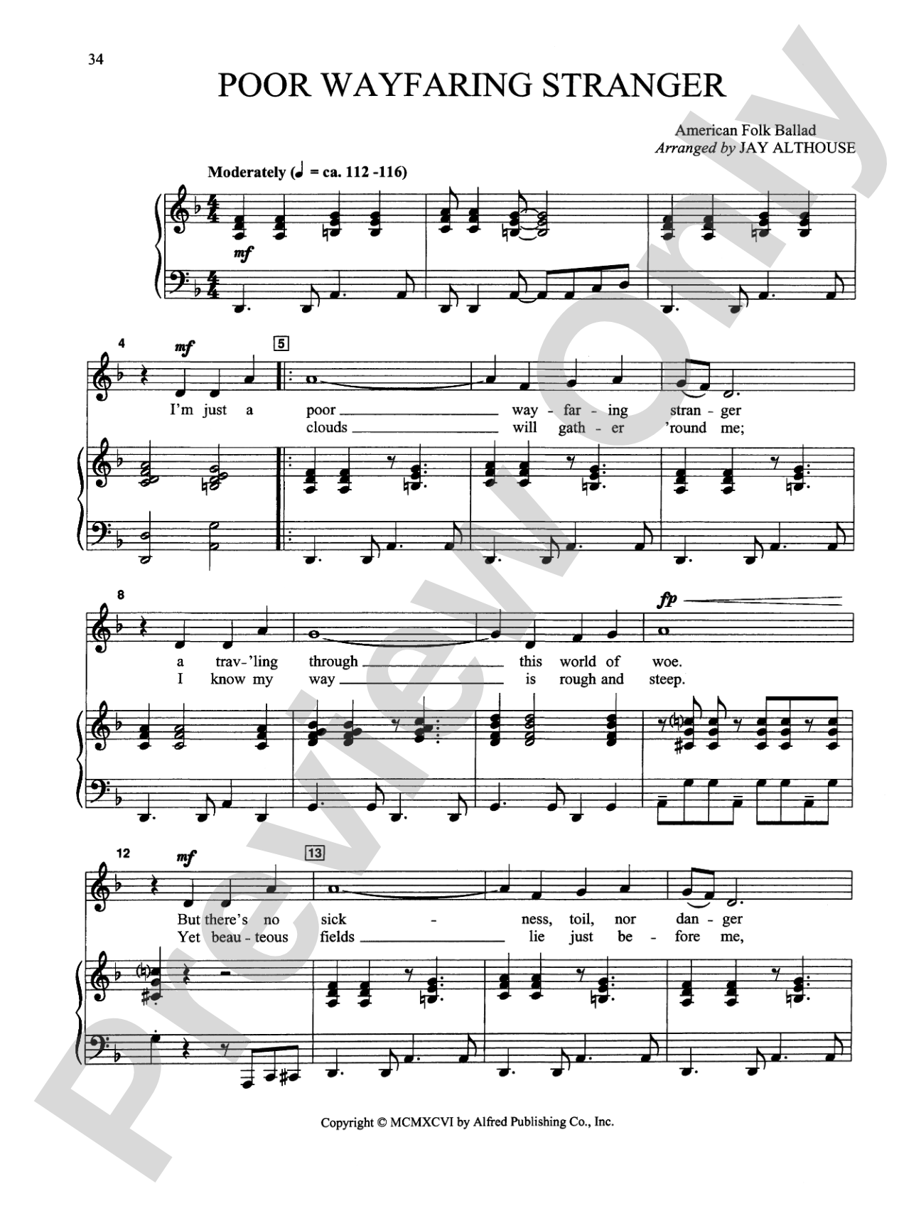 Poor Wayfaring Stranger - Piano/Vocal Solo (Medium Low): Piano/Vocal Solo (Medium Low)