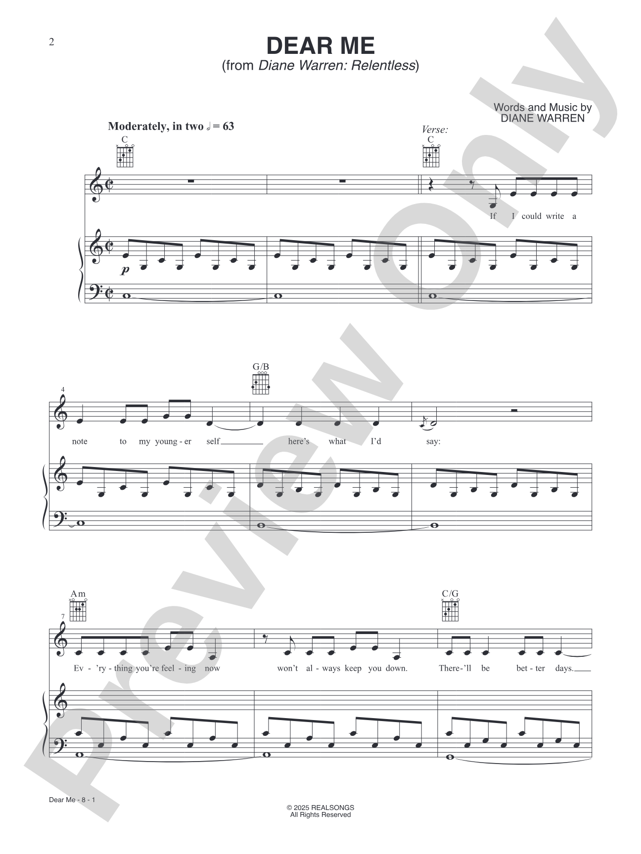 Dear Me: From the Motion Picture Diane Warren: Relentless: Piano/Vocal/Guitar