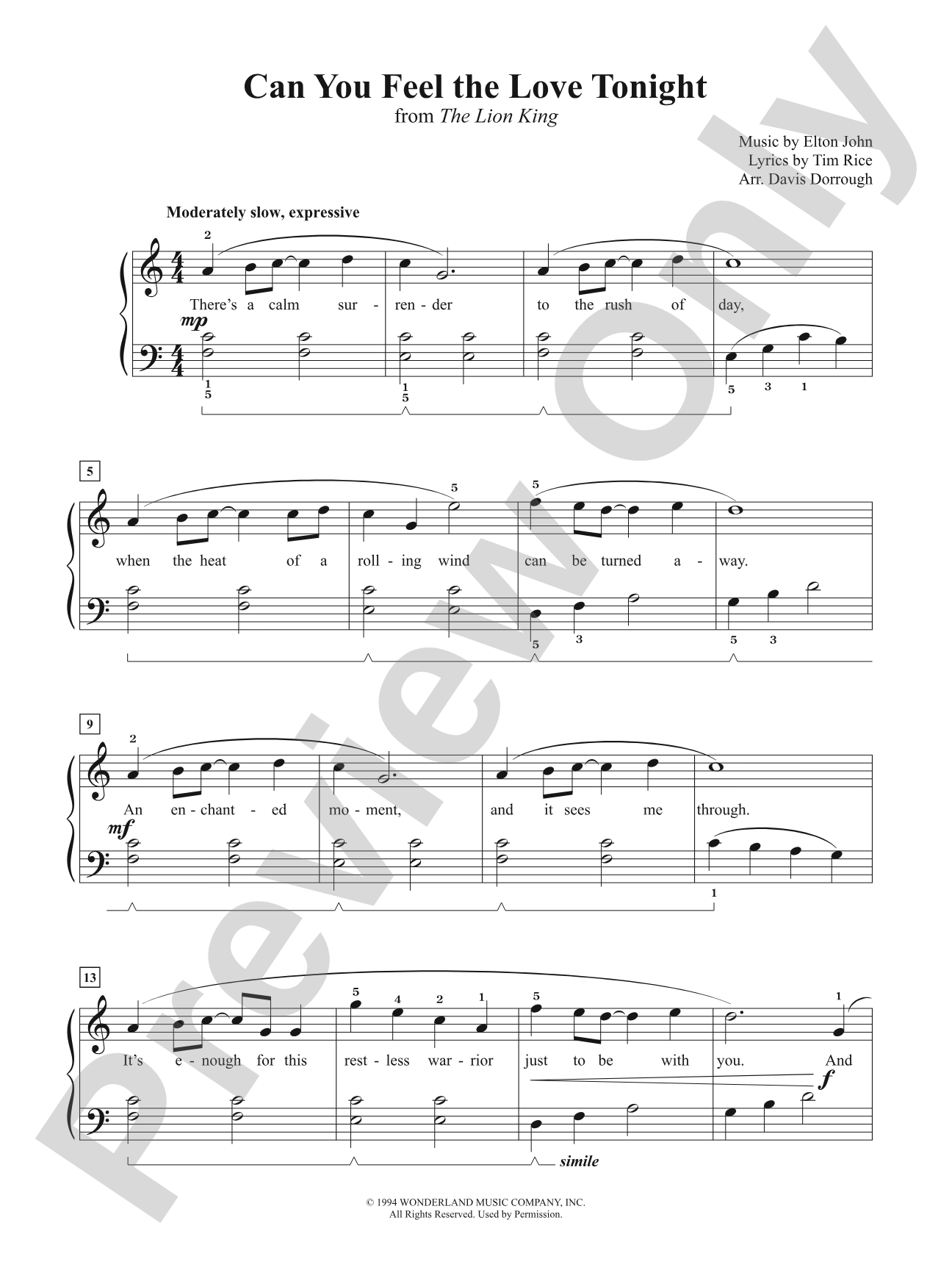 Can You Feel the Love Tonight (from <i>The Lion King</i>): Piano/Vocal