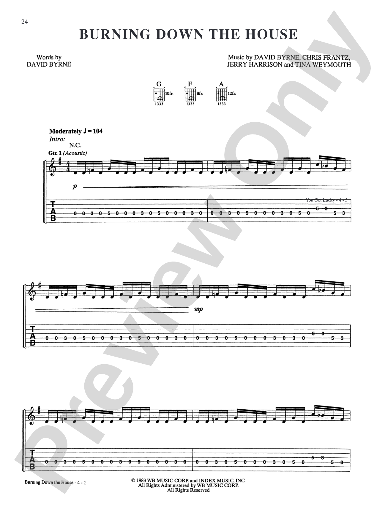 Burning Down The House: Authentic Guitar TAB