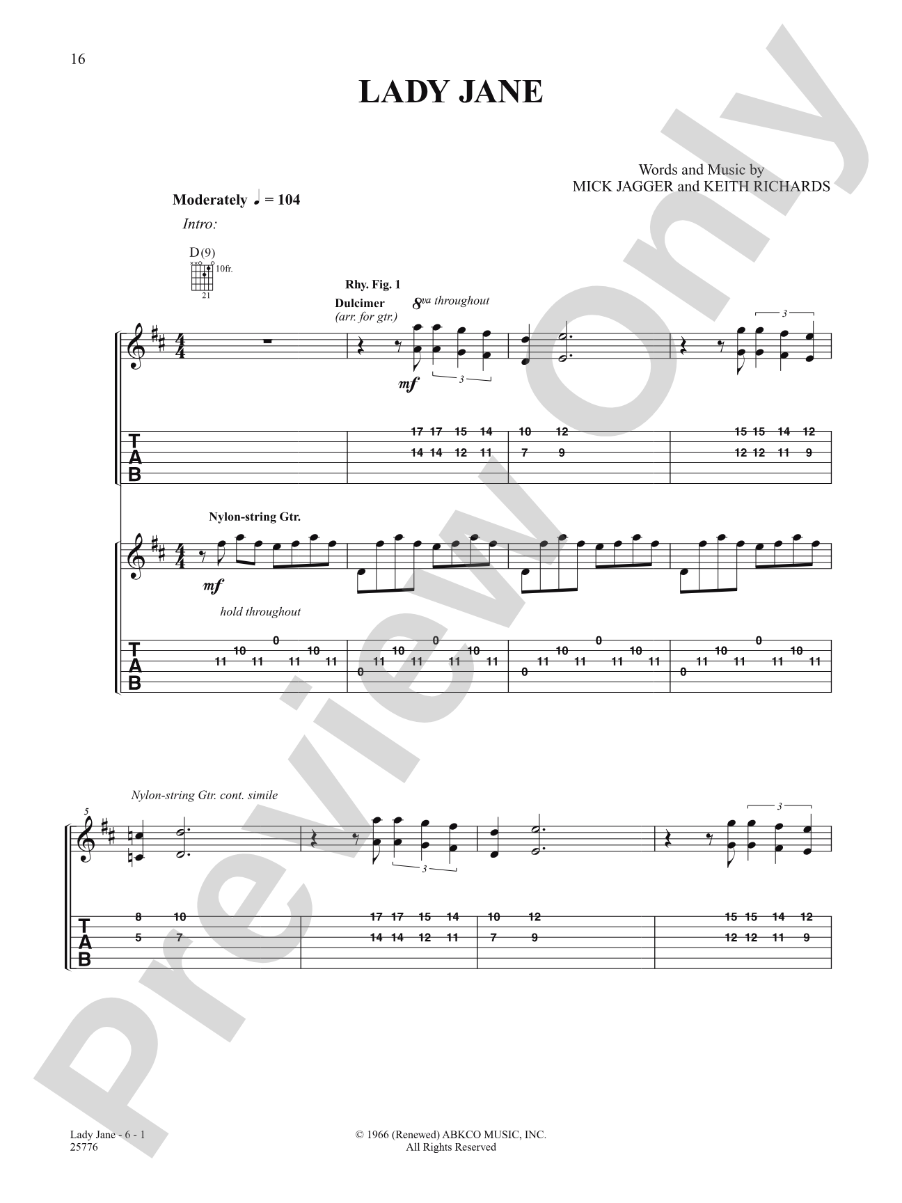 Lady Jane: Authentic Guitar TAB