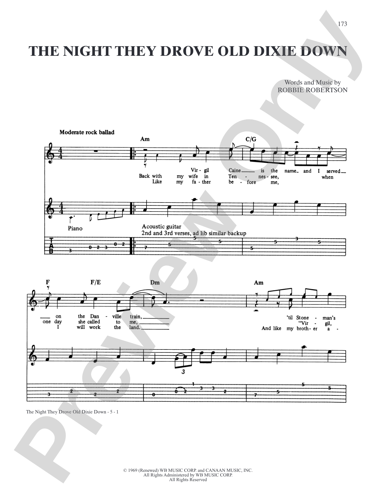 The Night They Drove Old Dixie Down: Authentic Guitar TAB