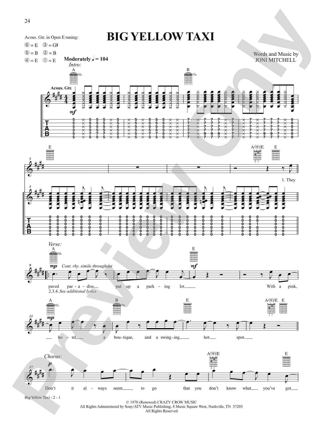Big Yellow Taxi: Guitar TAB