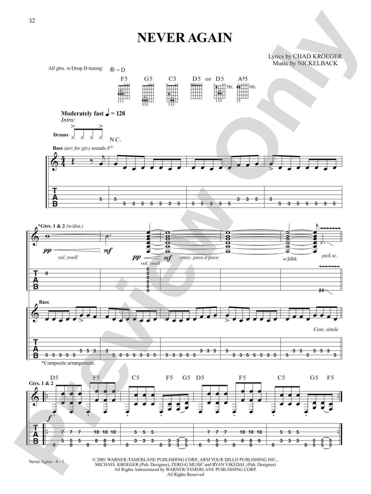 Never Again: Authentic Guitar TAB