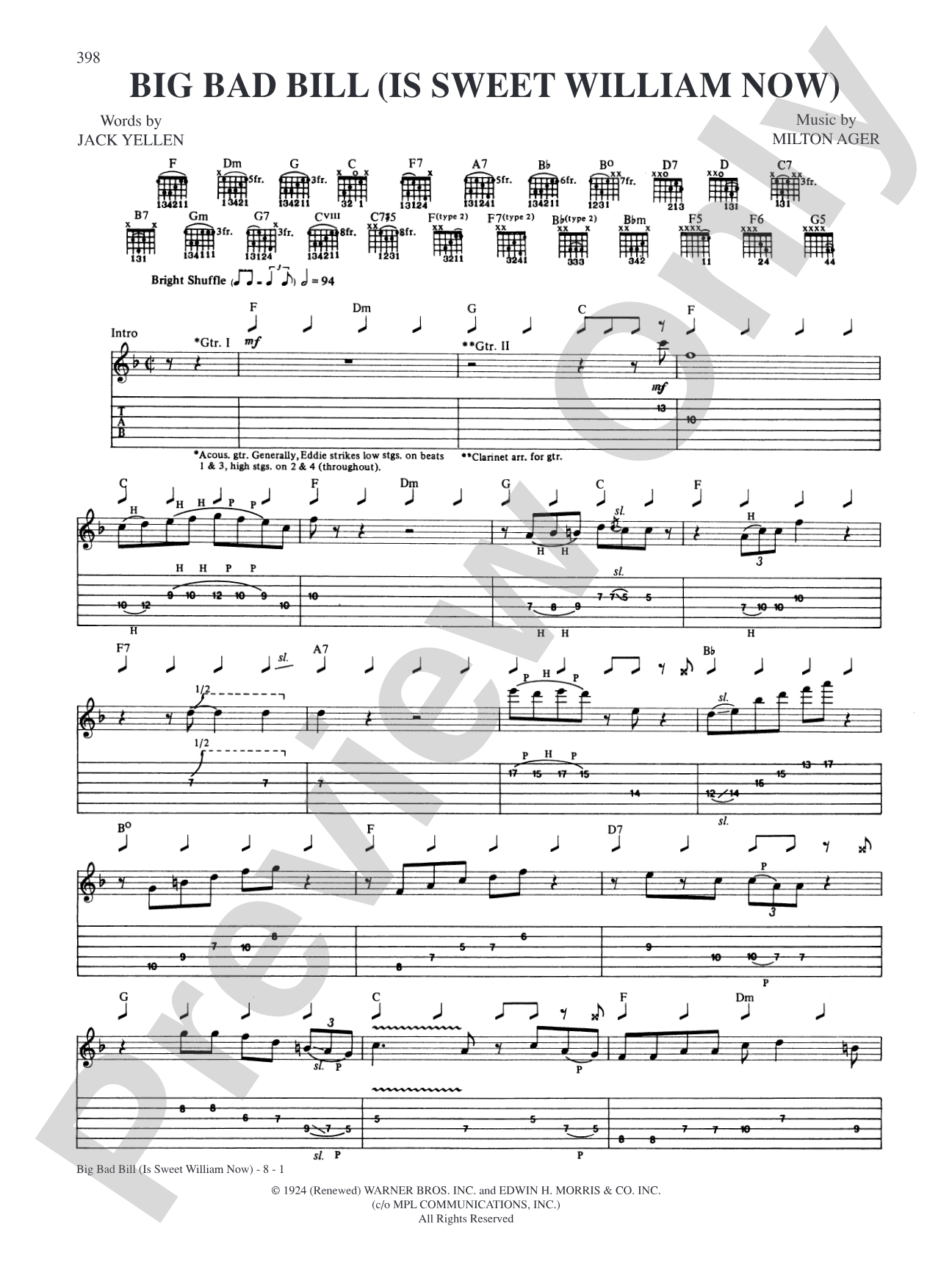 Big Bad Bill (Is Sweet William Now): Authentic Guitar TAB