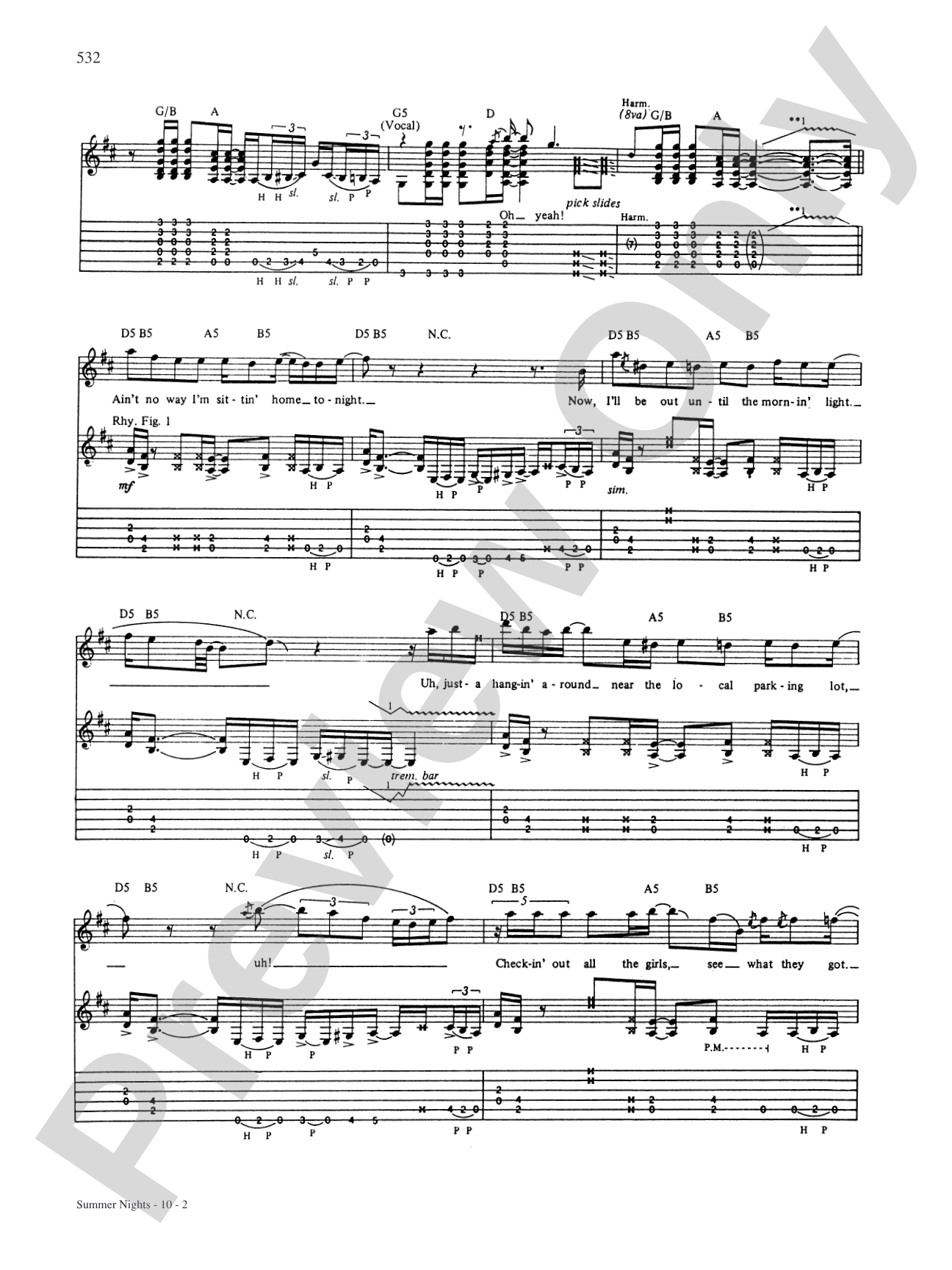 Summer Nights: Authentic Guitar TAB