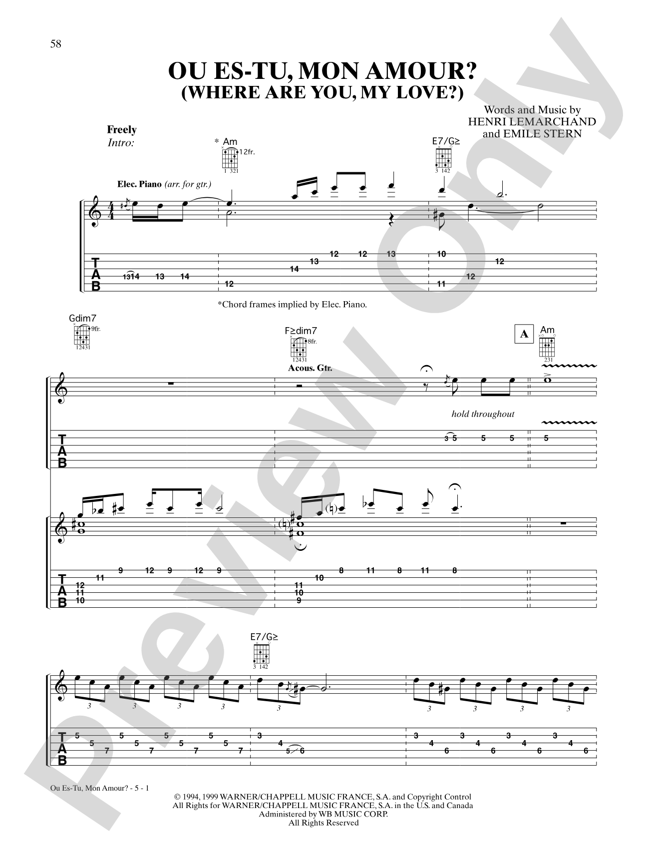 Ou es-tu, Mon Amour? (Where Are You, My Love?): Authentic Guitar TAB