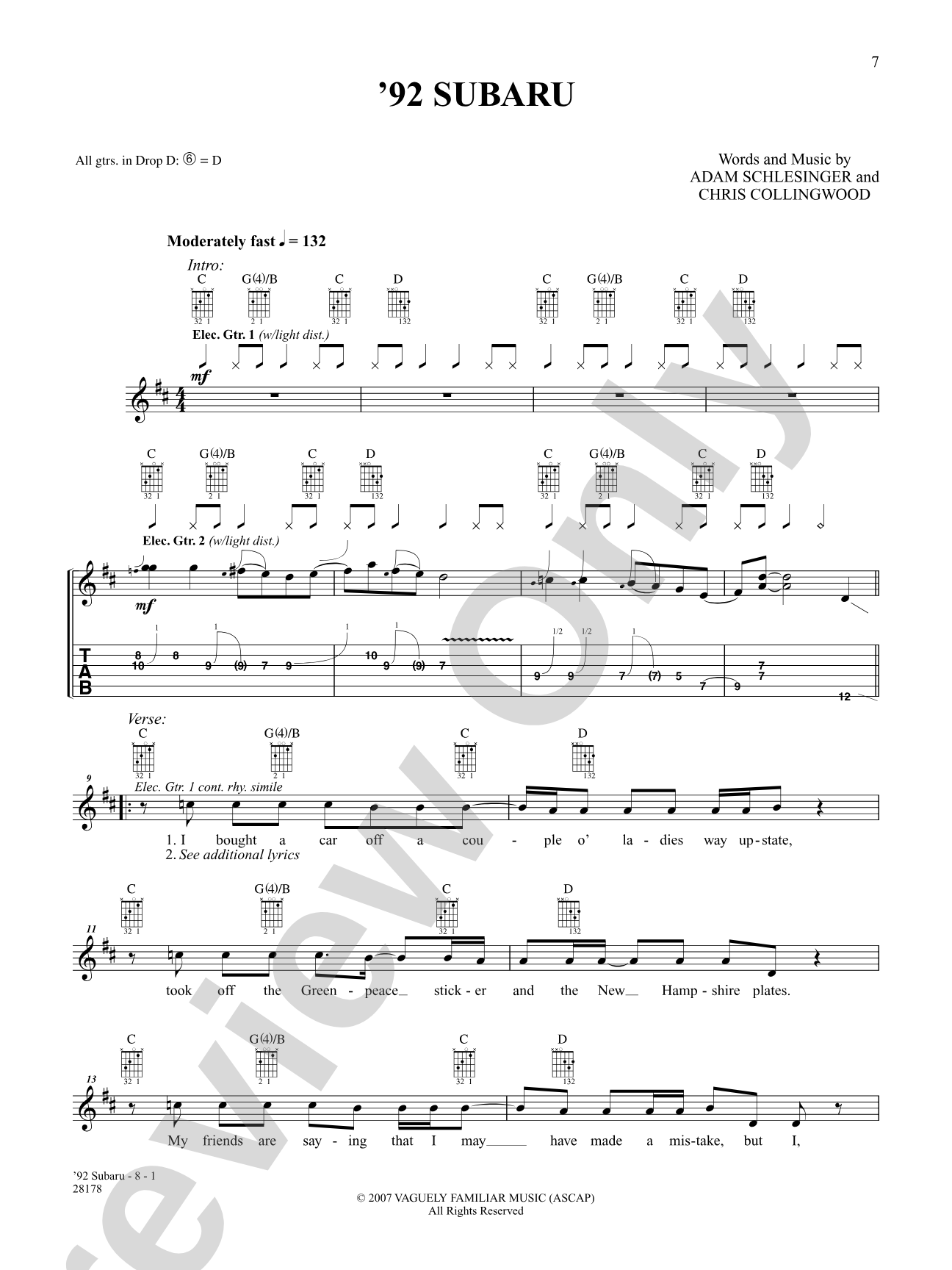 92 Subaru: Authentic Guitar TAB