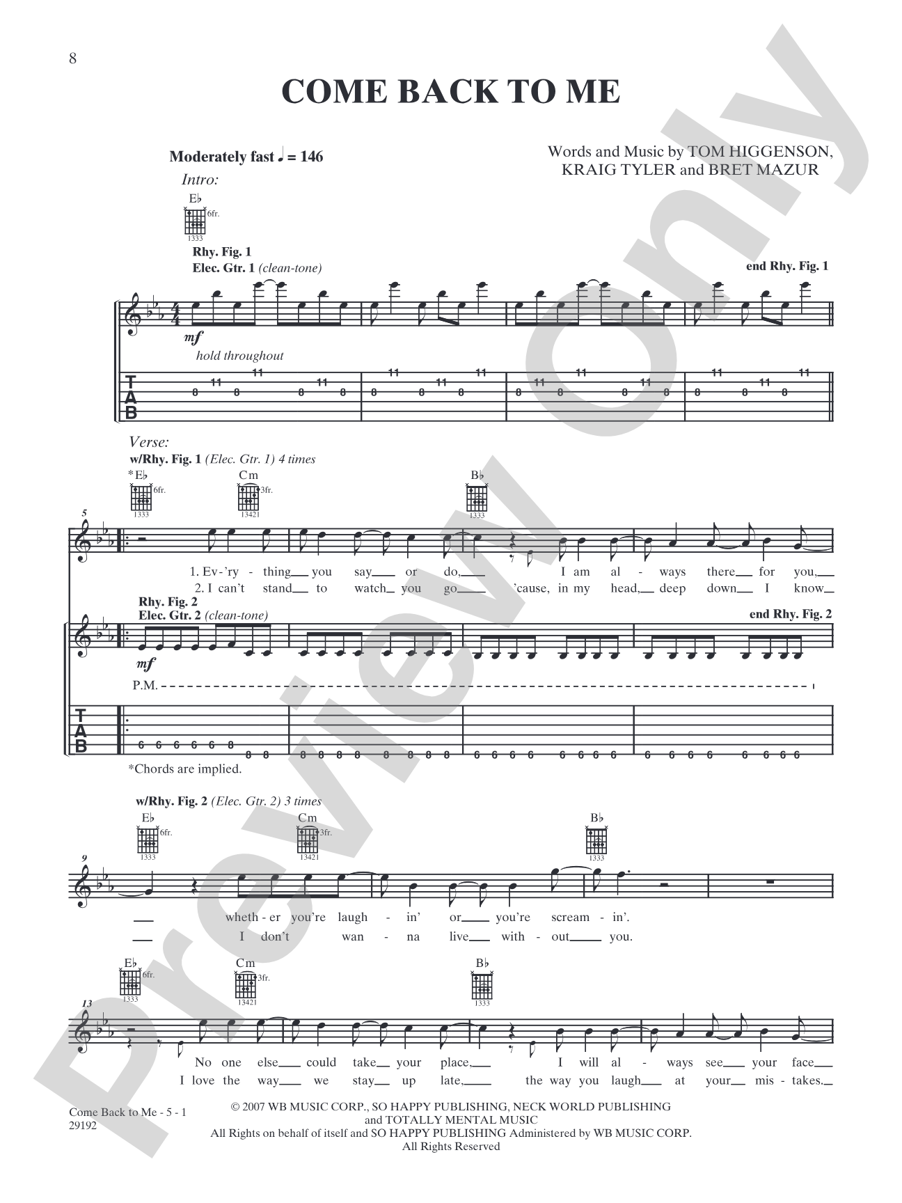 Come Back to Me: Authentic Guitar TAB