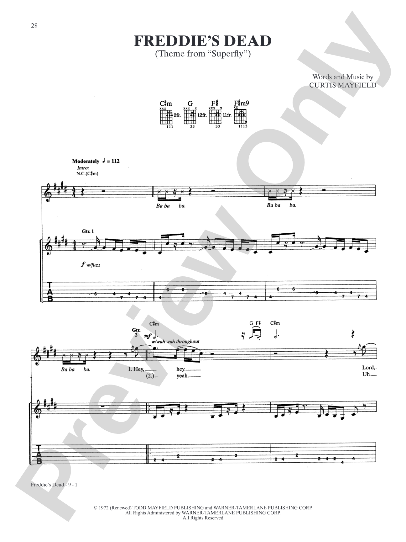 Freddie's Dead (from "Superfly"): Authentic Guitar TAB