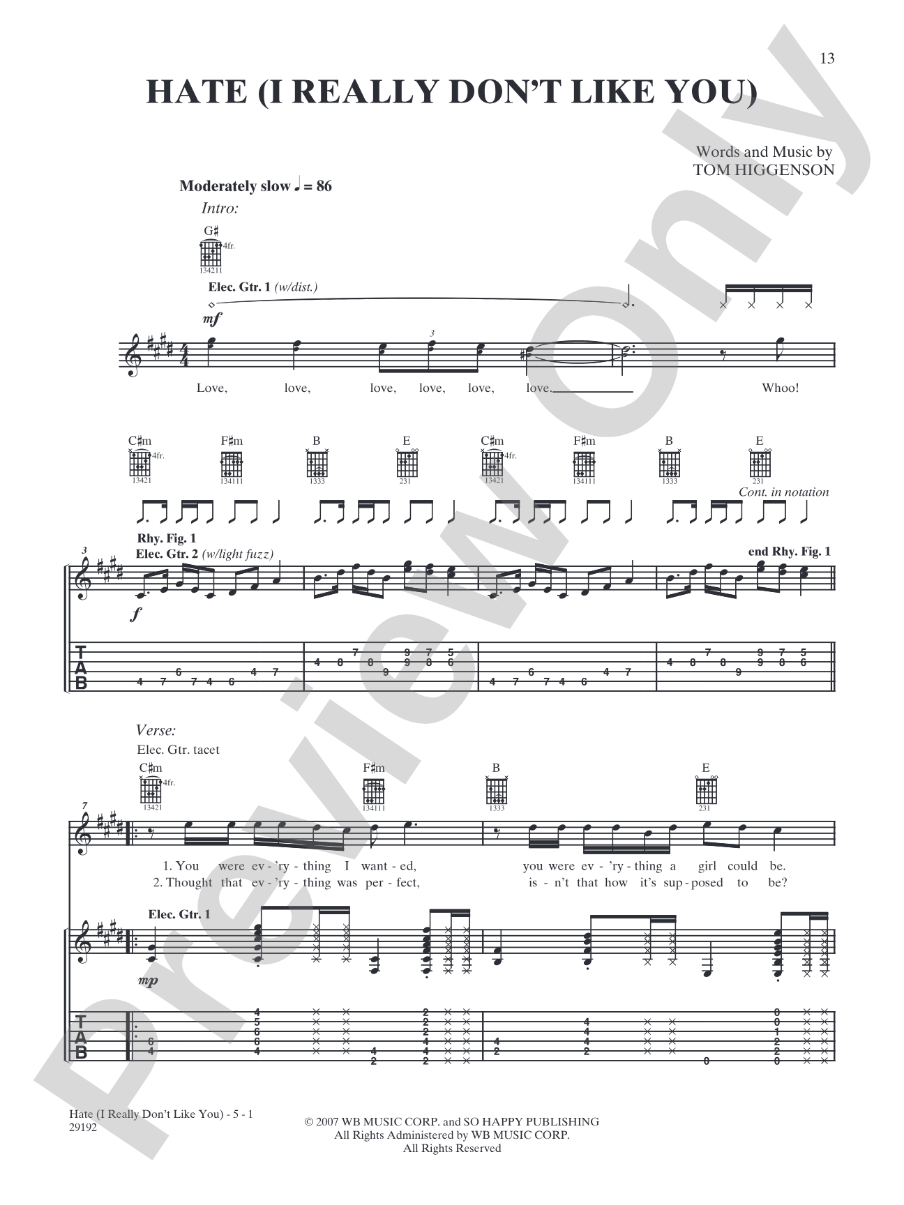 Hate (I Really Don't Like You): Authentic Guitar TAB