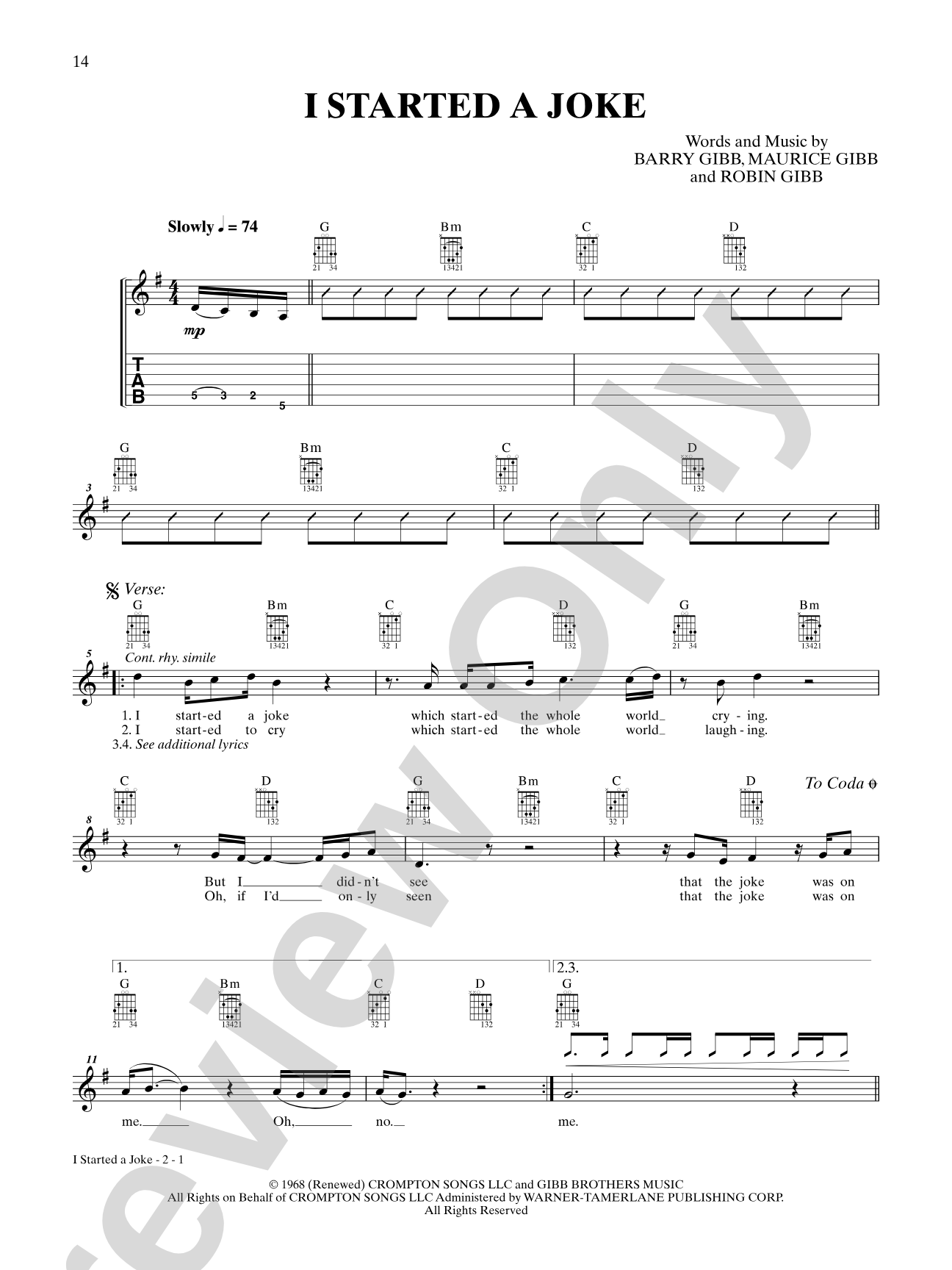 I Started a Joke: Interm./Easy Guitar TAB