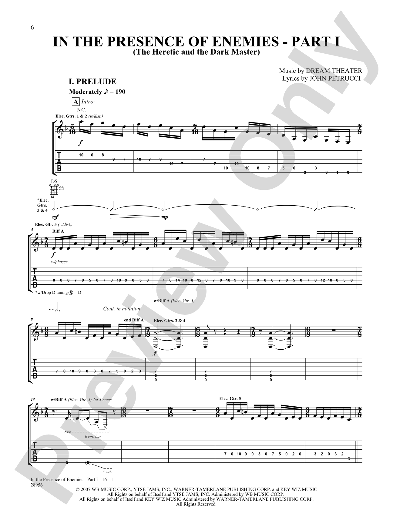 In the Presence of Enemies, Part 1: Authentic Guitar TAB