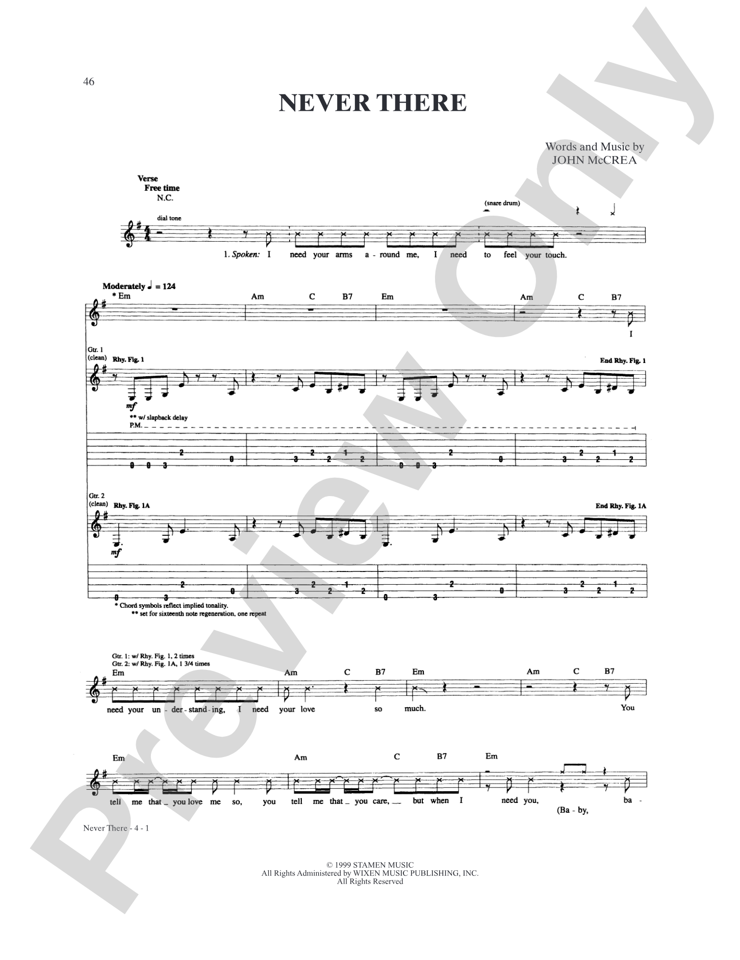 Never There: Authentic Guitar TAB
