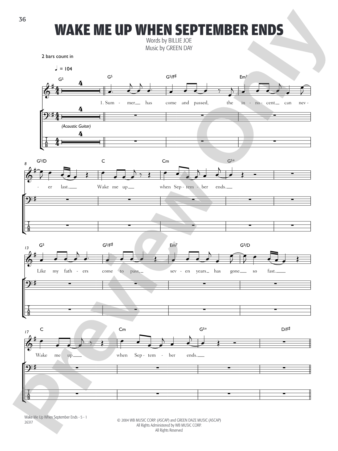 Wake Me Up When September Ends: Bass TAB