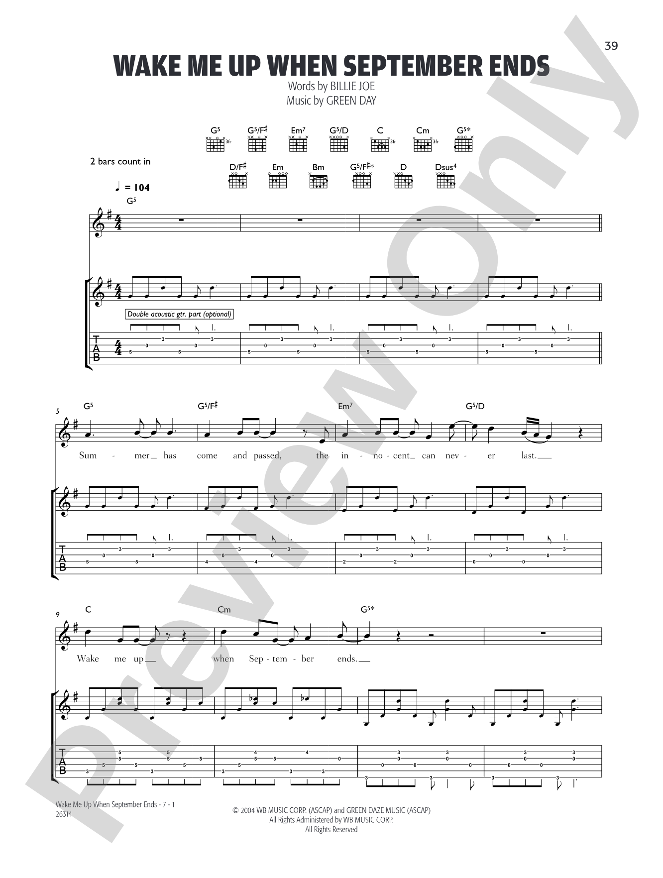 Wake Me Up When September Ends: Guitar TAB