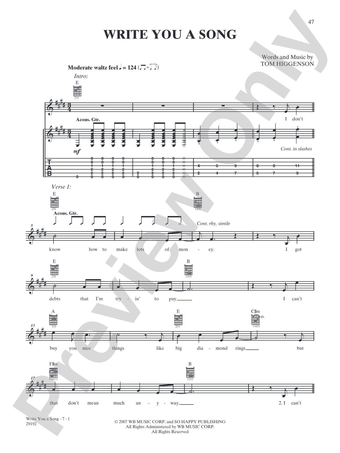 Write You A Song: Authentic Guitar TAB