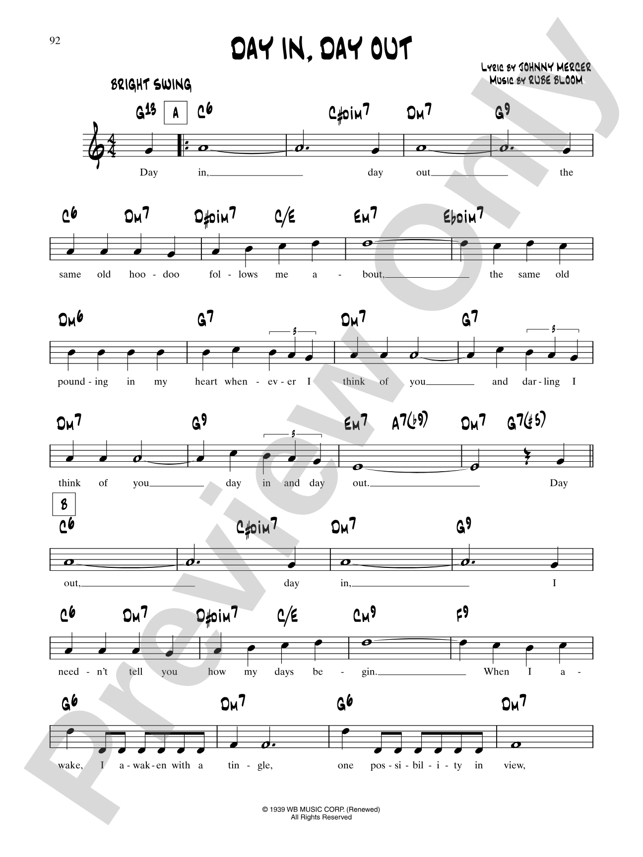 Day In Day Out: Lead Sheet