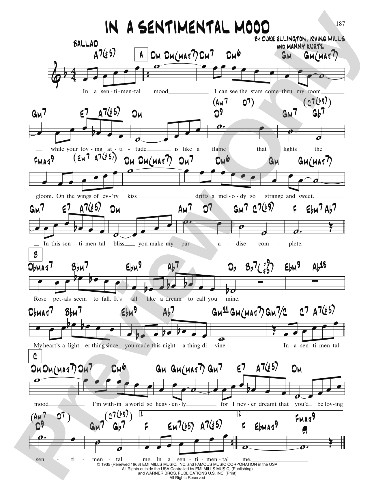 In A Sentimental Mood (Vocal Version): Lead Sheet