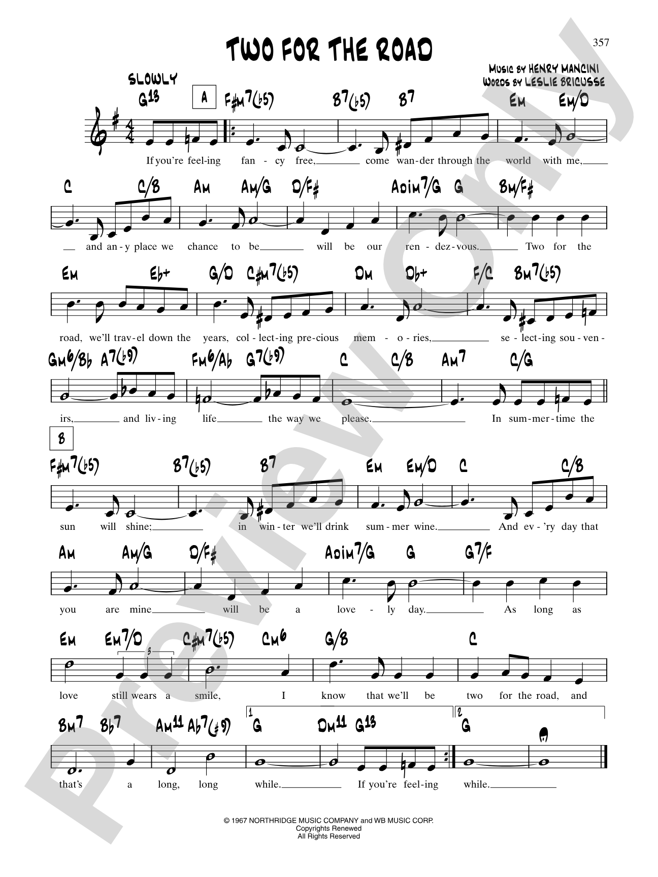 Two For The Road (From "Two For The Road"): Lead Sheet
