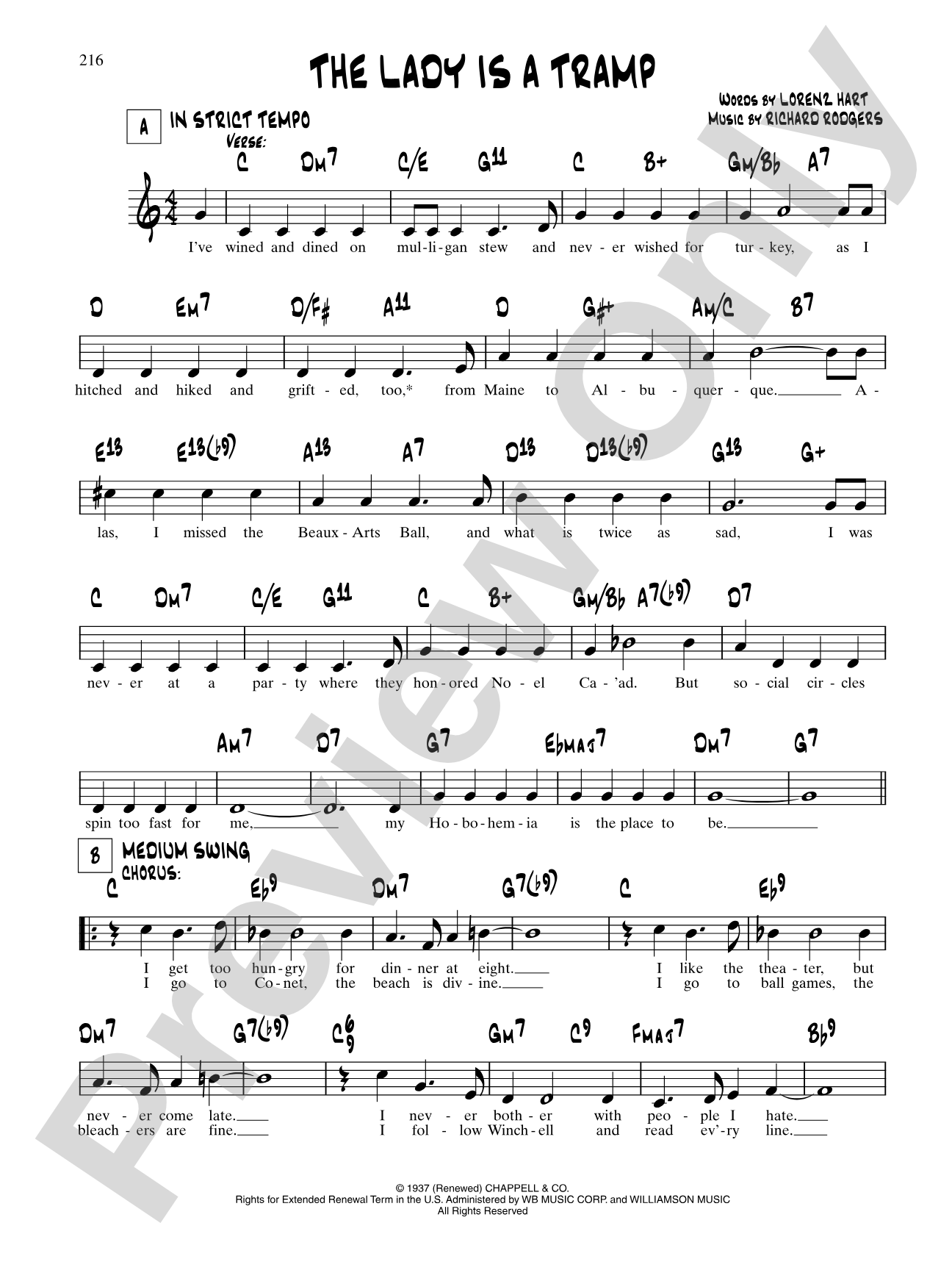 The Lady Is A Tramp: Lead Sheet