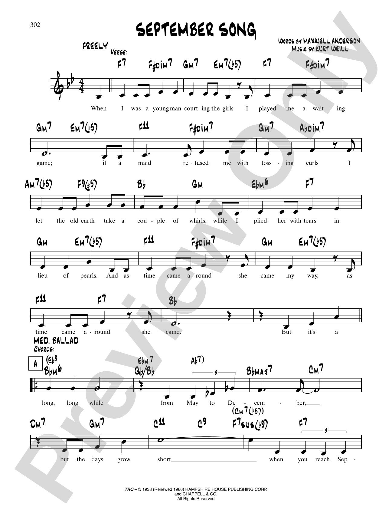 September Song (From "Knickerbocker Holiday"): Lead Sheet