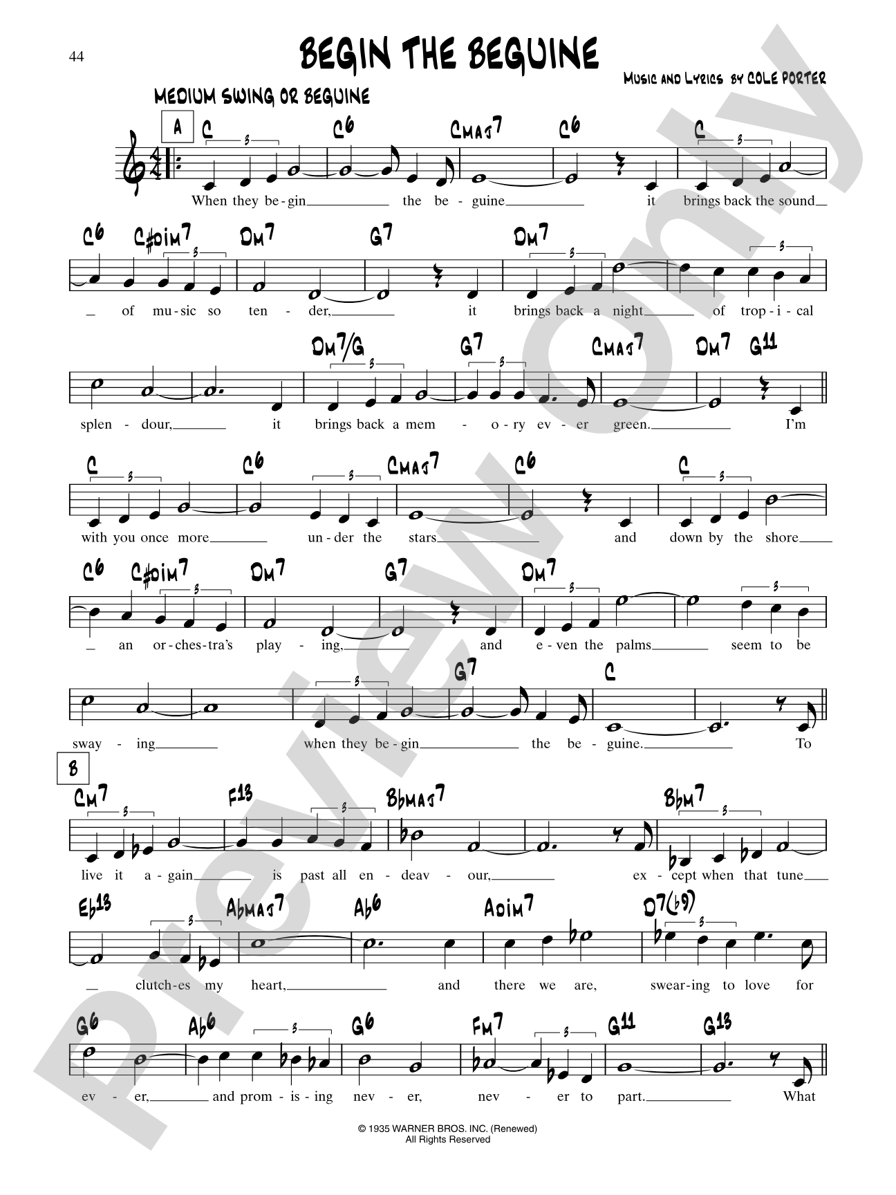 Begin The Beguine: Lead Sheet | Cole Porter | Digital Sheet Music