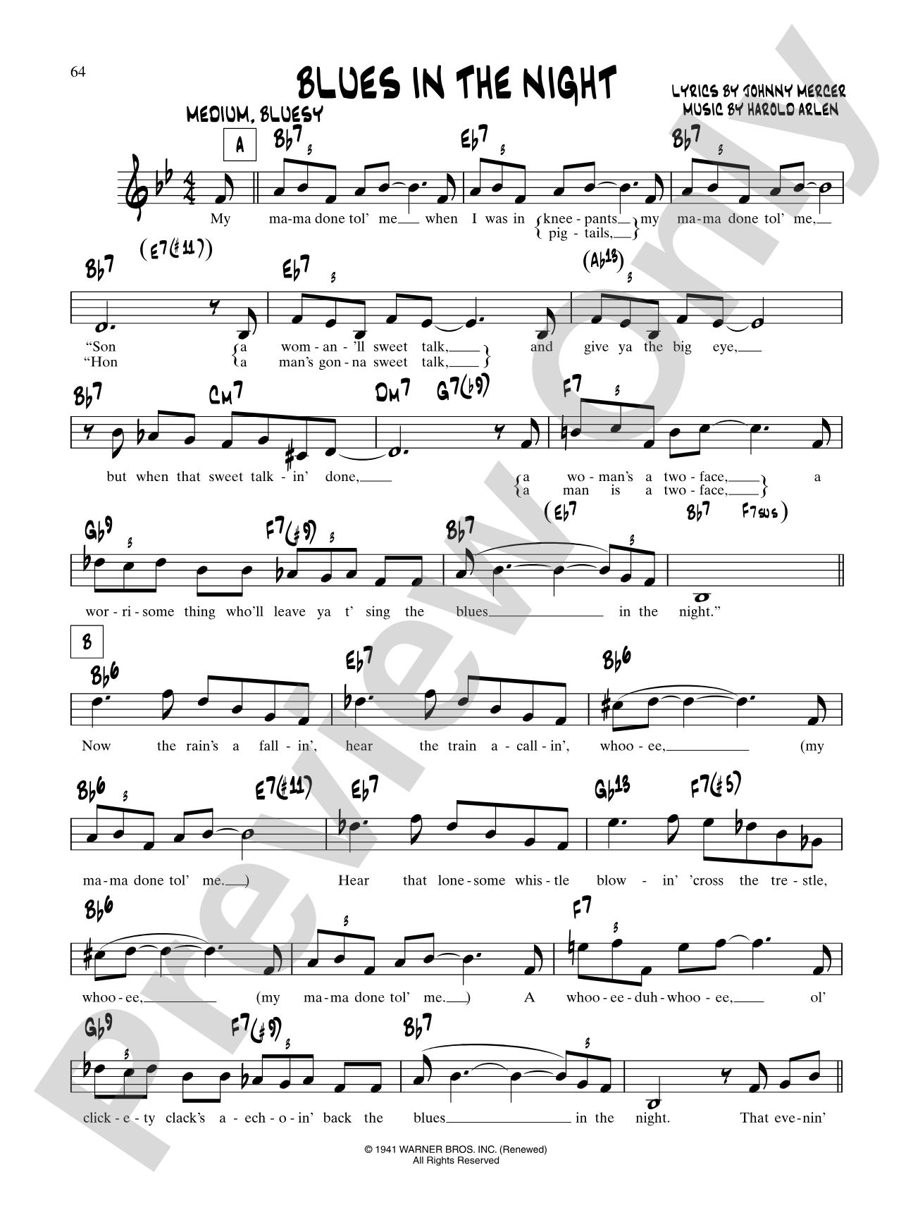 Blues In The Night: Lead Sheet