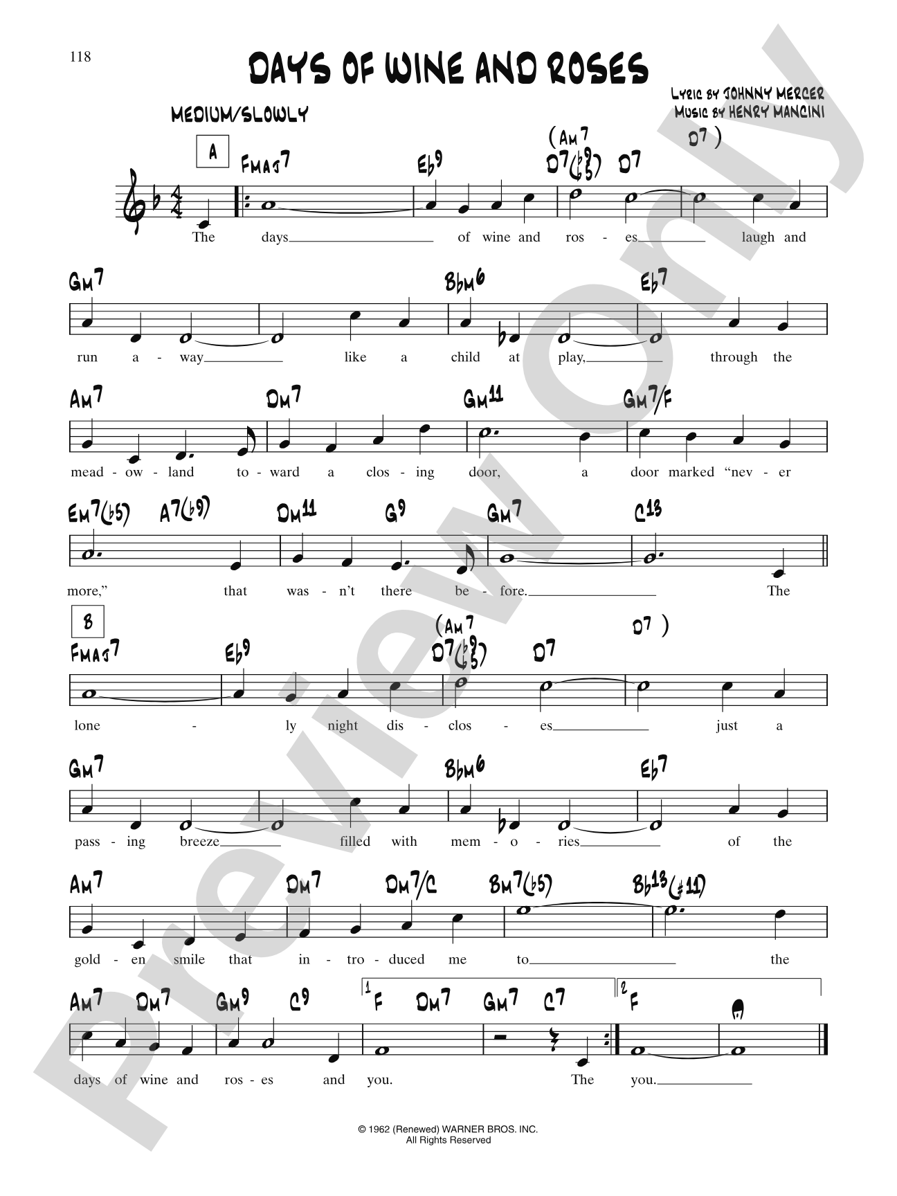 The Days Of Wine And Roses: Lead Sheet