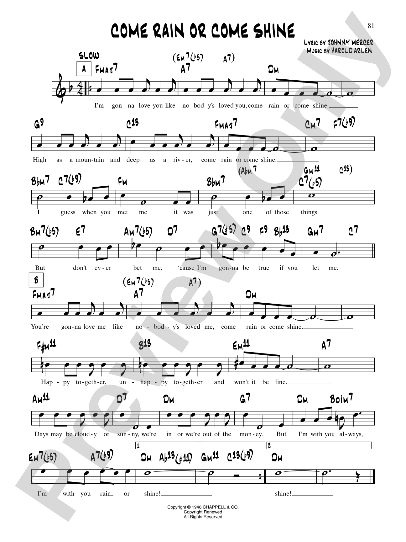 Come Rain Or Come Shine: Lead Sheet