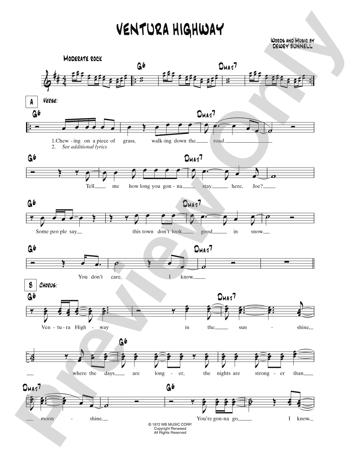 Ventura Highway: Lead Sheet