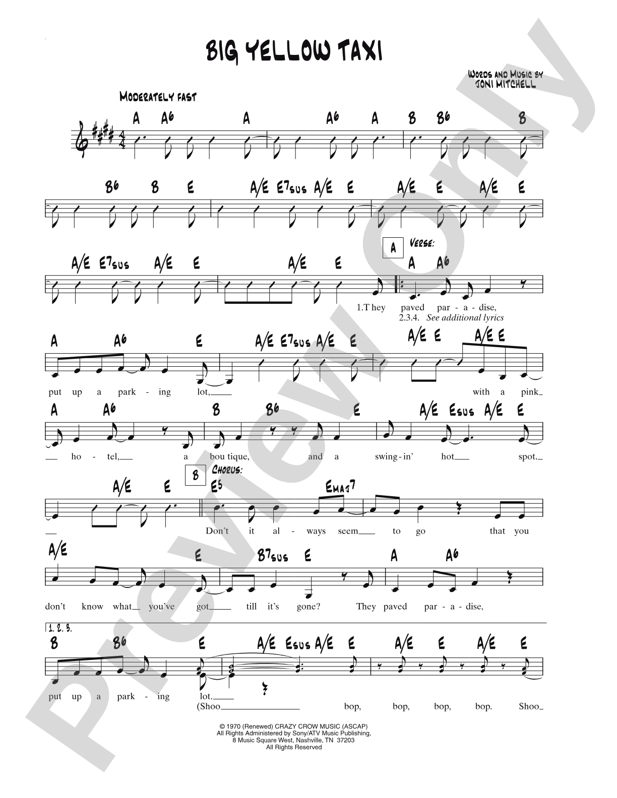 Big Yellow Taxi: Lead Sheet