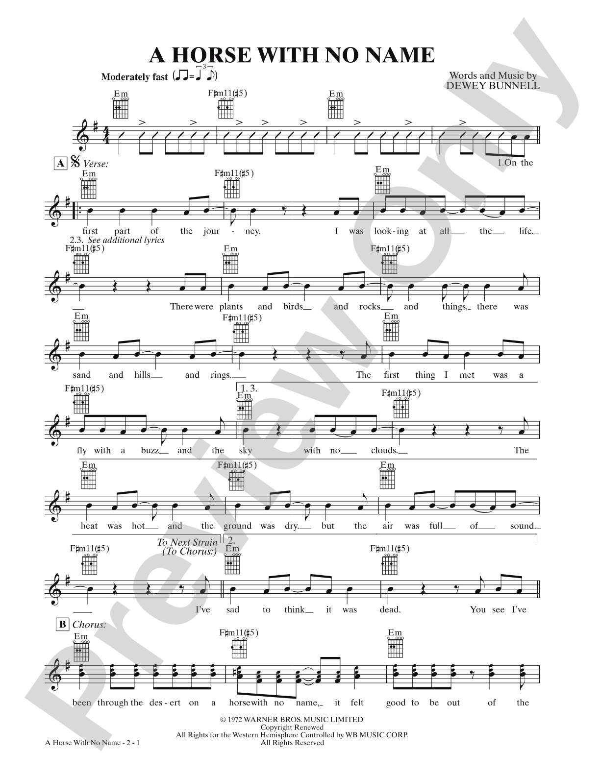 A Horse With No Name: Lead Sheet