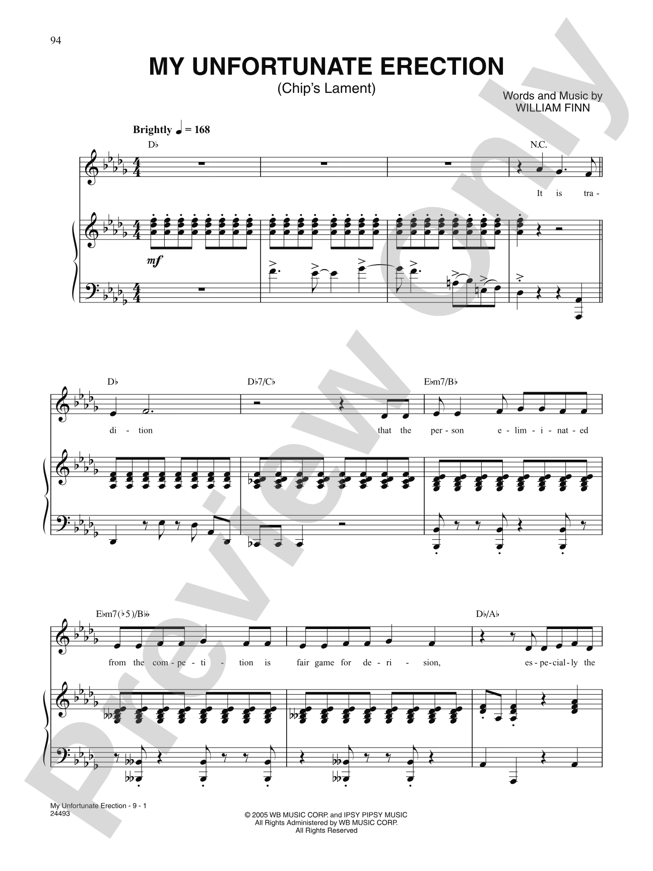 My Unfortunate Erection (from "The 25th Annual PUtnam County Spelling Bee"): Piano/Vocal/Chords