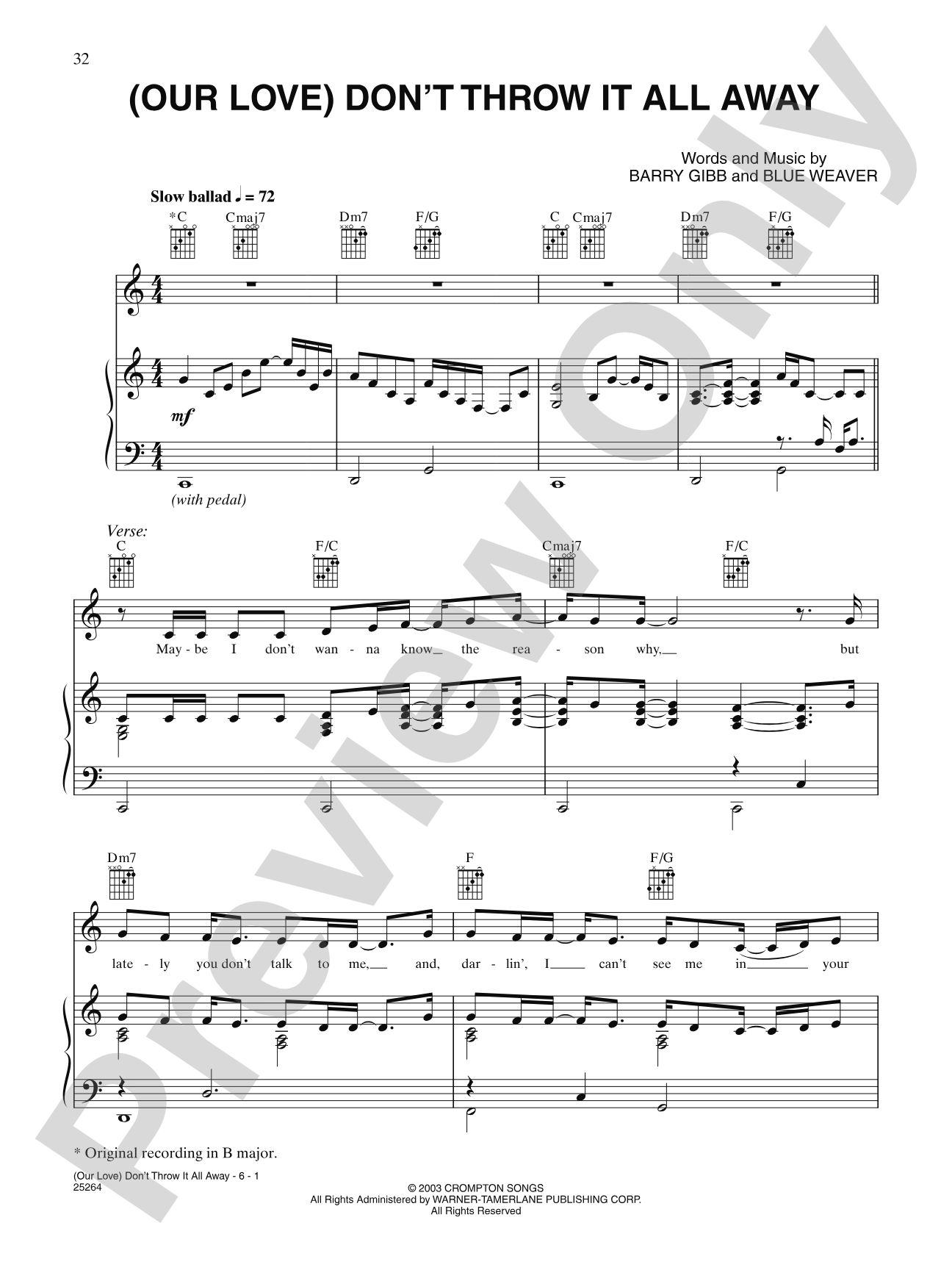 (Our Love) Don'T Throw It All Away: Piano/Vocal/Chords