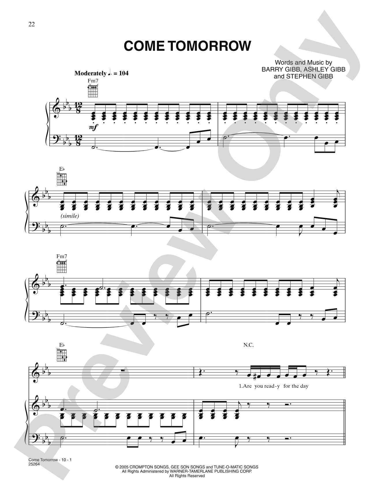 Come Tomorrow: Piano/Vocal/Chords