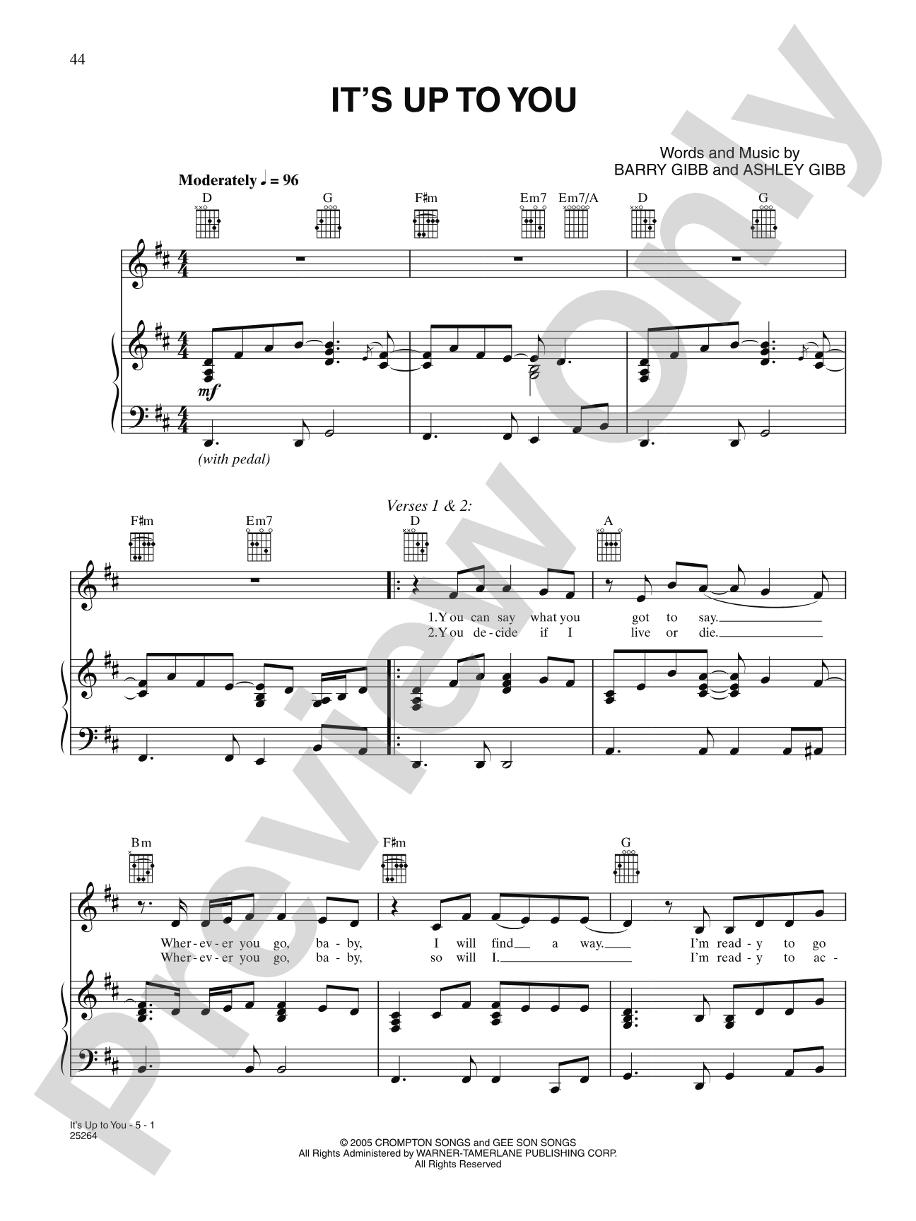 It's Up To You: Piano/Vocal/Chords