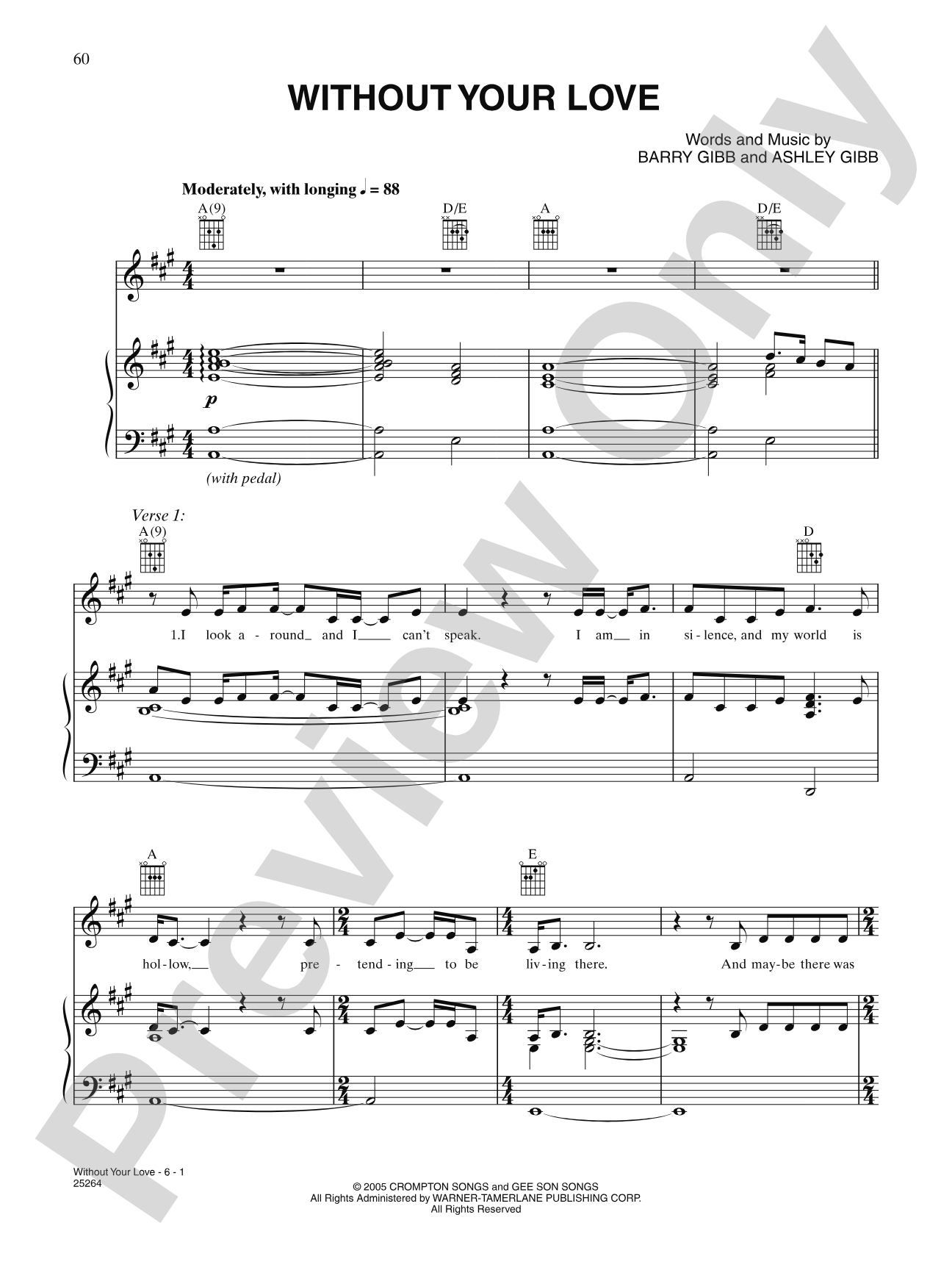 Without Your Love: Piano/Vocal/Chords