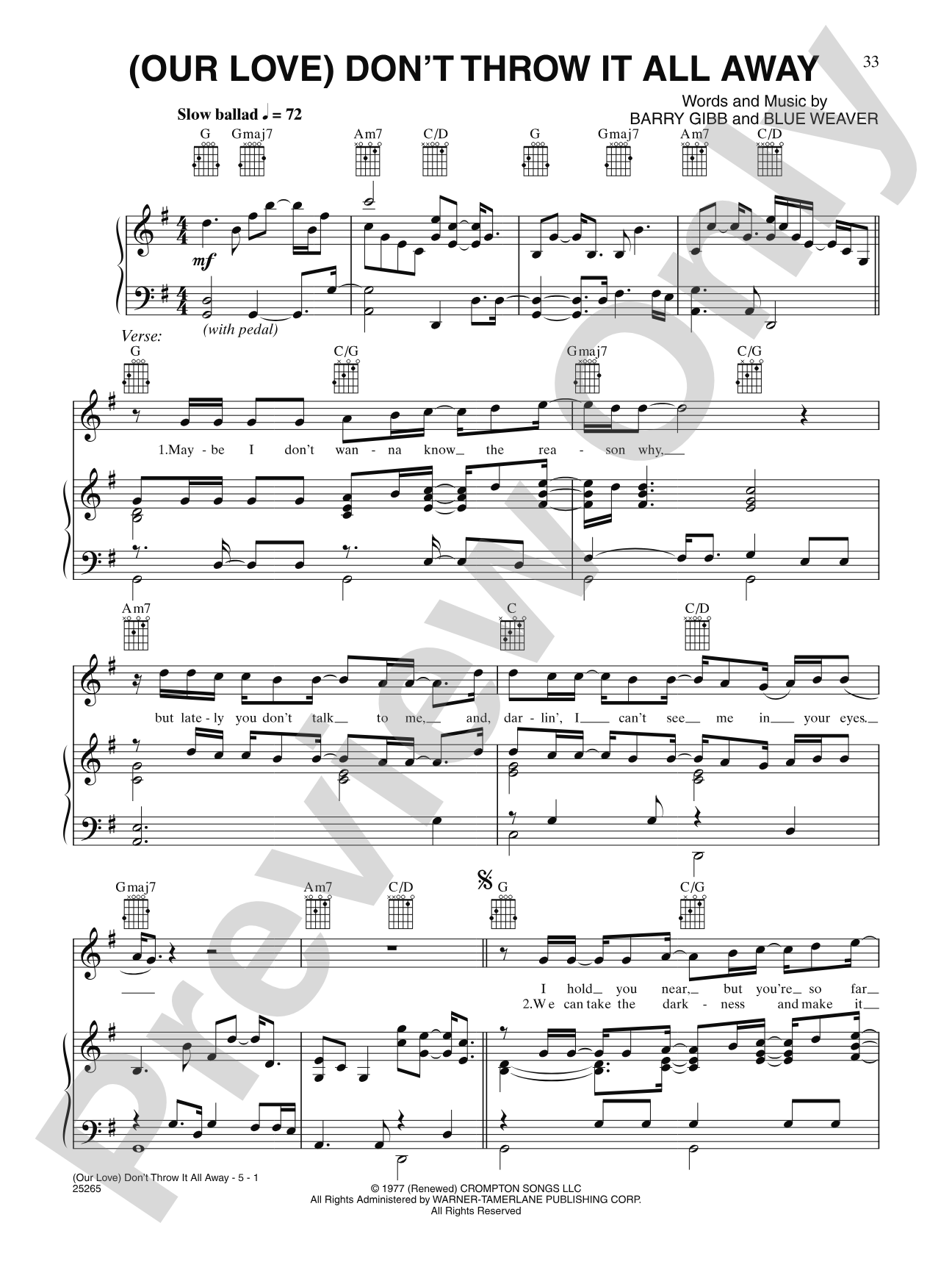 (Our Love) Don't Throw It All Away: Piano/Vocal/Chords