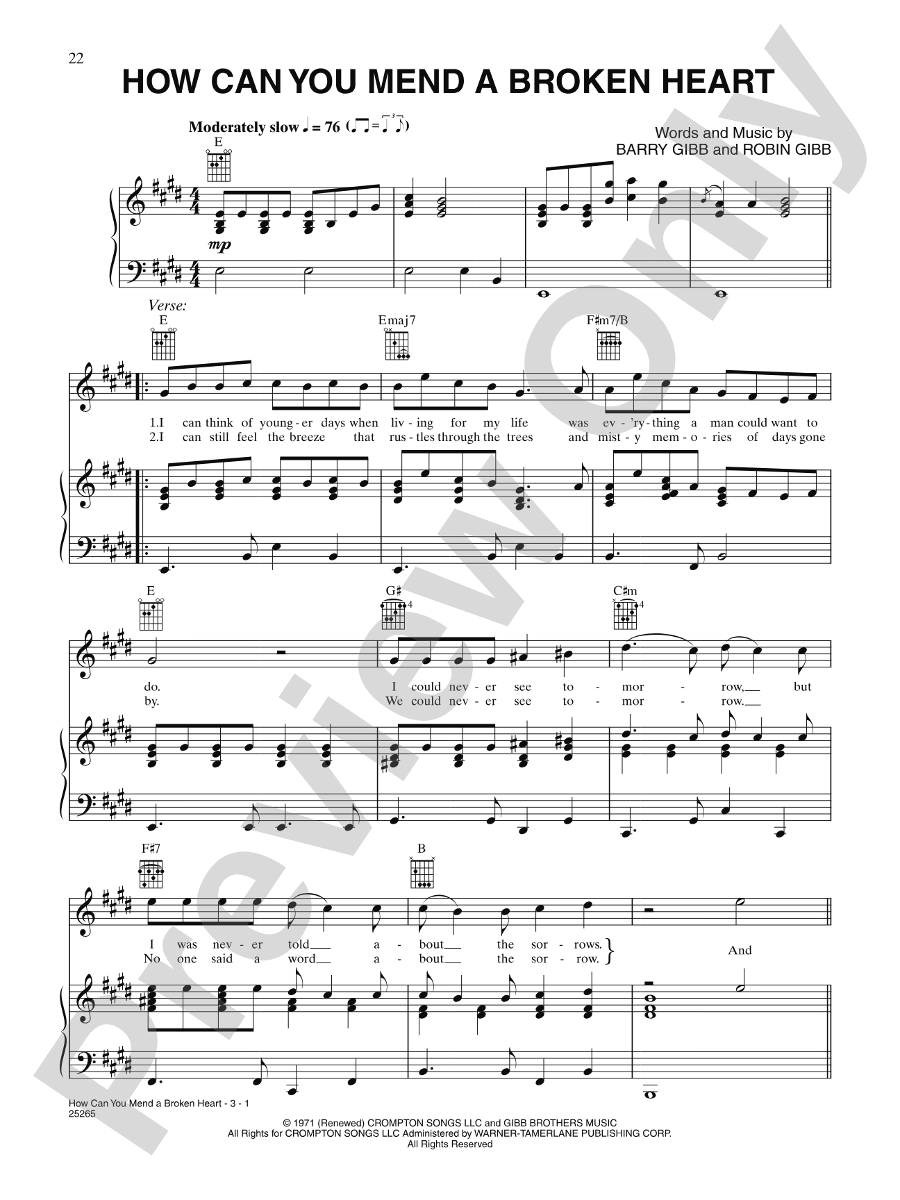 How Can You Mend A Broken Heart: Piano/Vocal/Chords