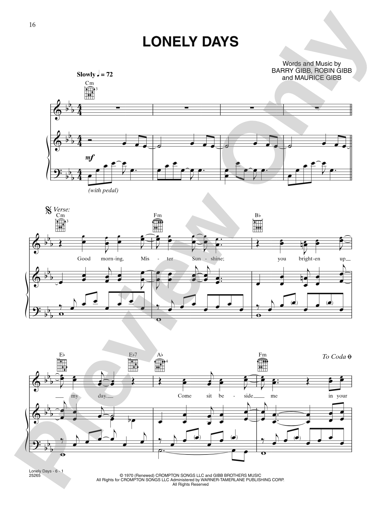 Lonely Days: Piano/Vocal/Chords
