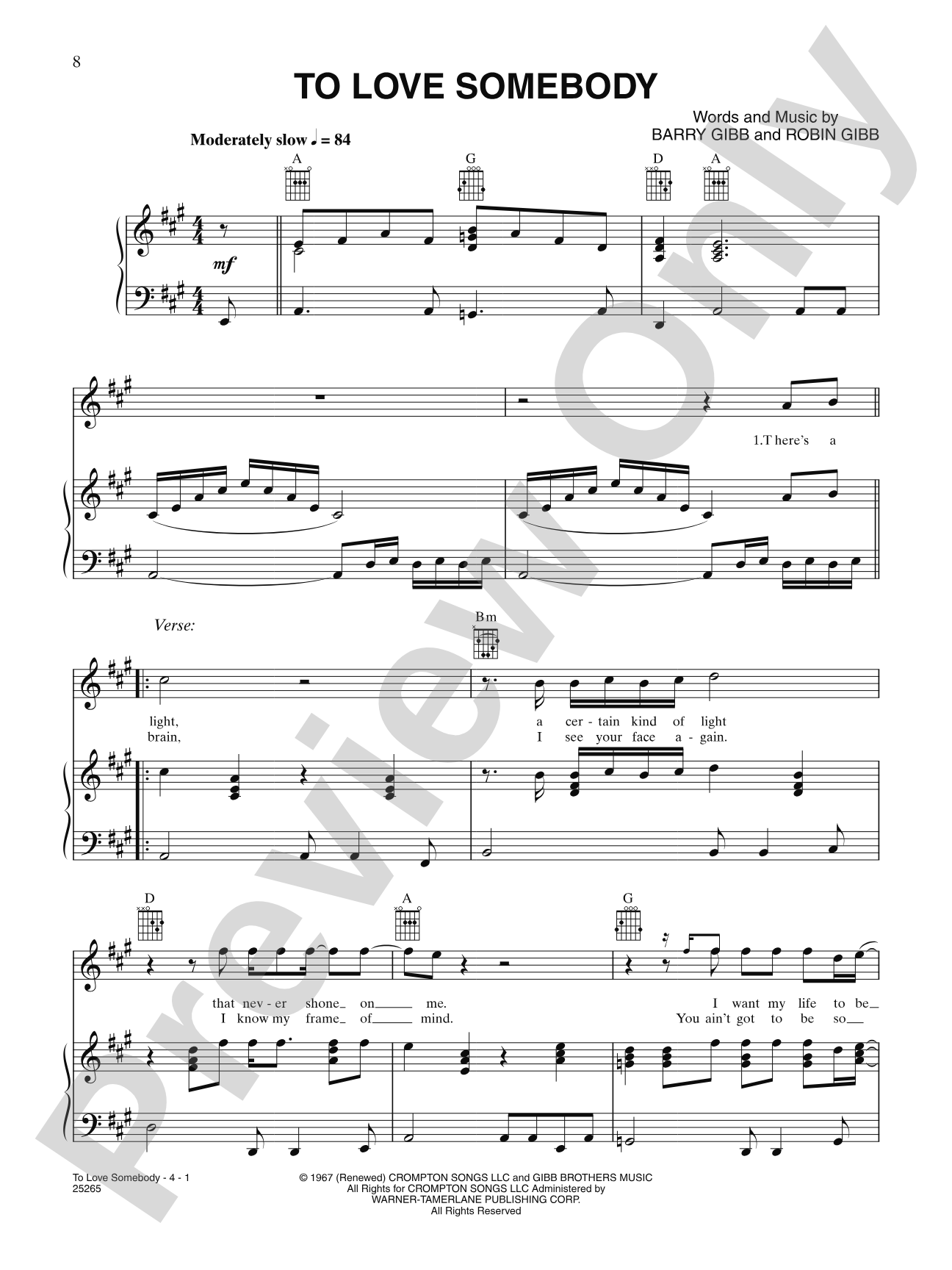 To Love Somebody: Piano/Vocal/Chords