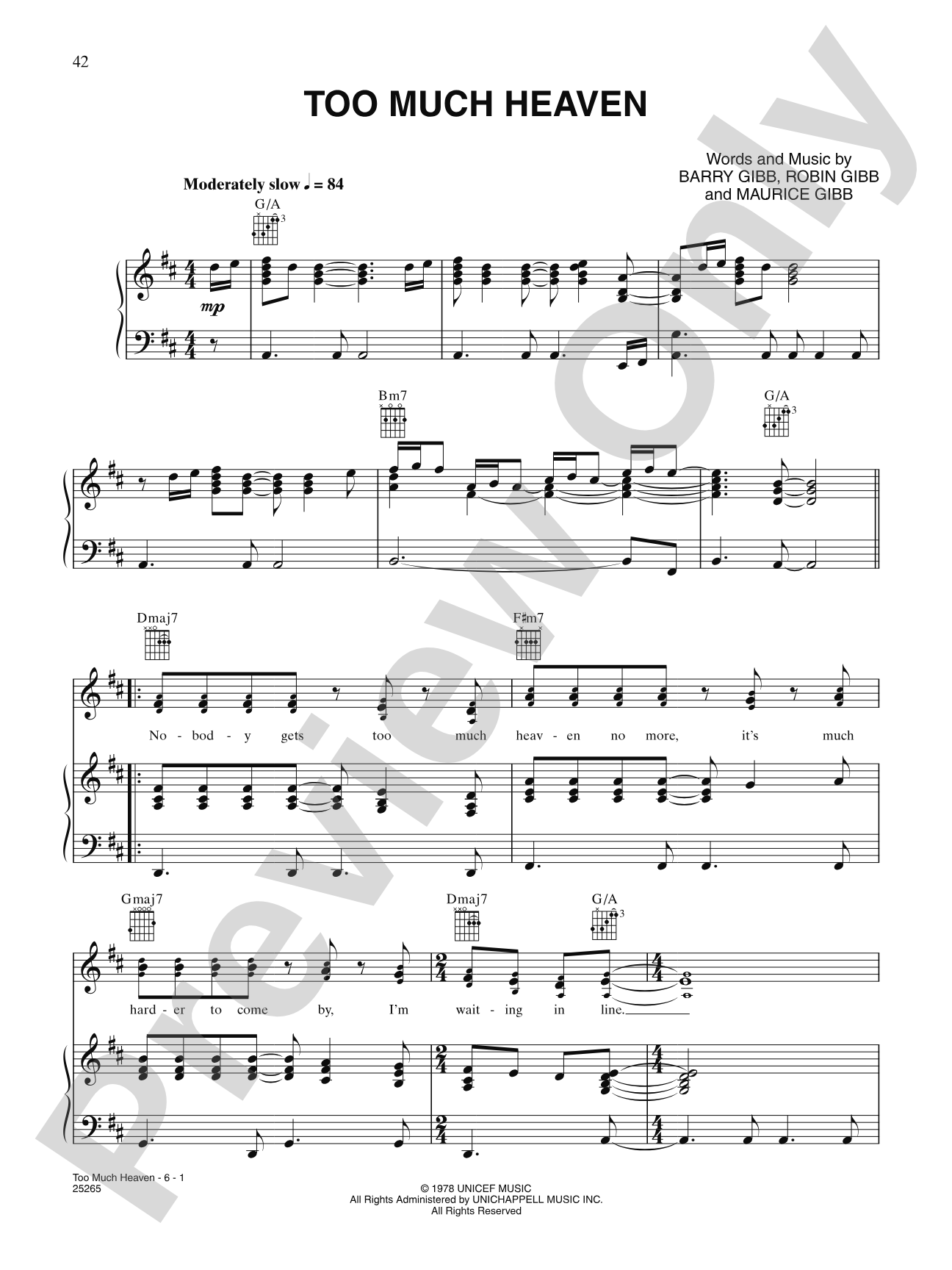 Too Much Heaven: Piano/Vocal/Chords